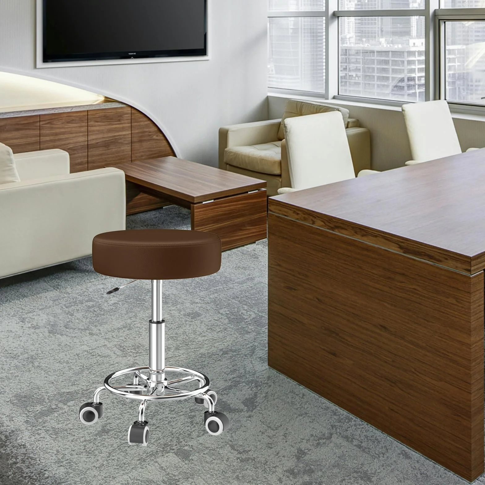 Taboret obrotowy z regulacją wysokości 43-57 cm na kółkach z podnóżkiem, skóra PU