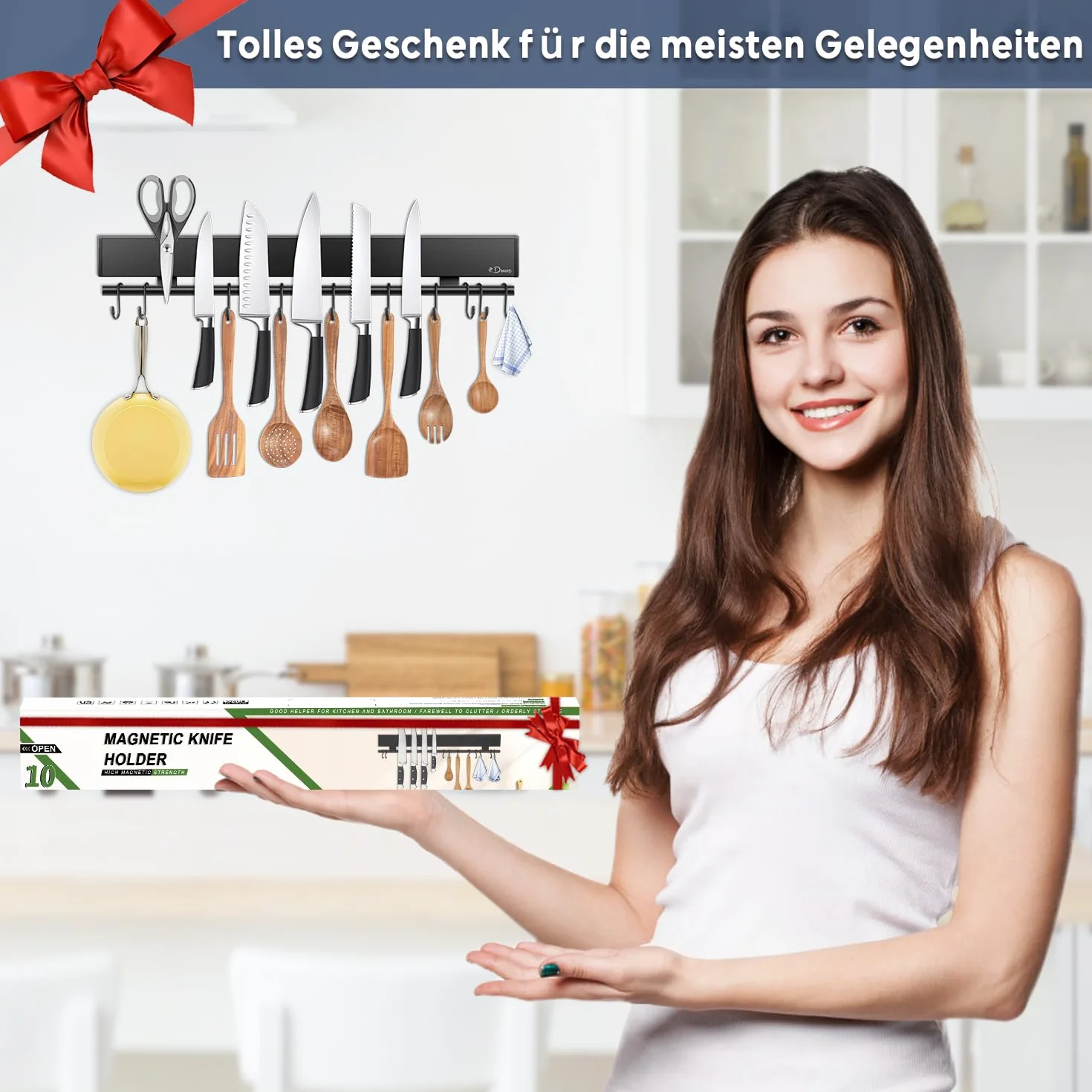 Dmore Listwa magnetyczna na noże z 10 haczykami, 43 cm, uchwyt na noże magnetyczne, czarne, z listwą z haczykami, bardzo samoprzylepny, magnetyczny uchwyt na noże, łącznie z taśmą klejącą i śrubami