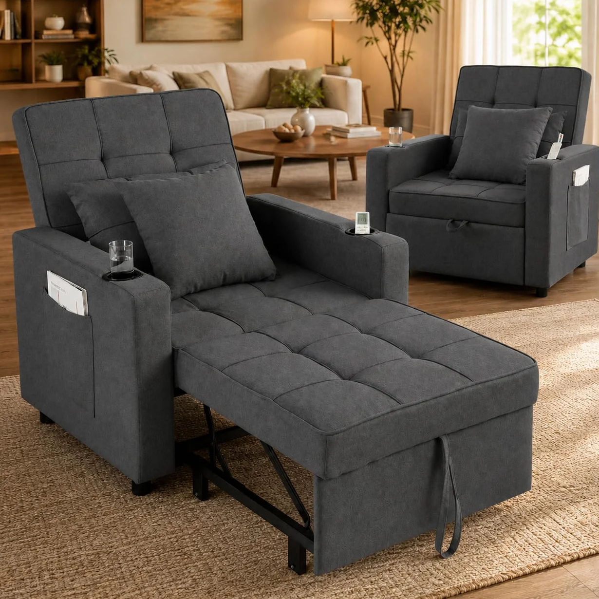 Fotel rozkładany, 3 w 1, z podłokietnikiem, regulowanym oparciem, 2 poduszki, uchwyt na kubek, do 150 kg, pojedyncza rozkładana sofa, do sypialni, salonu, ciemnoszary