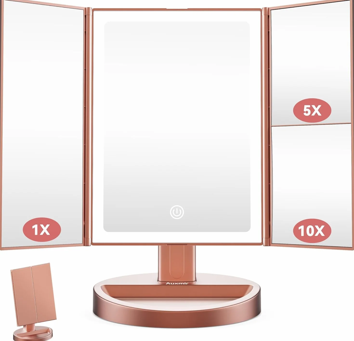 Auxmir Lusterko kosmetyczne LED 68 diod, 10X/5X/1X powiększające, ładowalne, dotykowe, ściemnianie, regulowane kolorami, składane, obracane 180°
