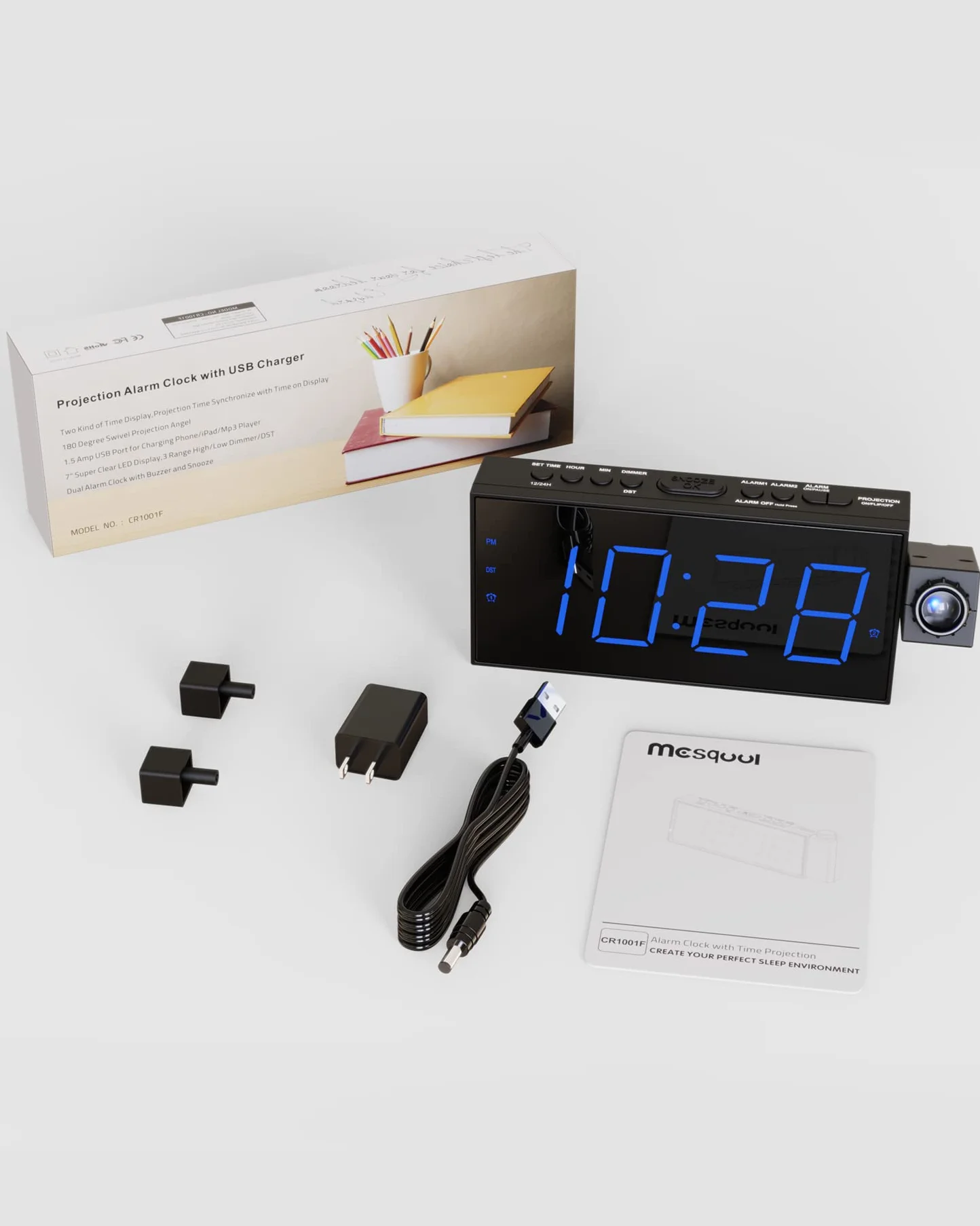 Budzik projekcyjny, 7-calowy cyfrowy wyświetlacz i ściemniacz, podwójny alarm, złącze USB, regulowana głośność alarmu, drzemka, 12/24, zapasowa bateria do sypialni, sufitu, ściany, domu, dzieci,