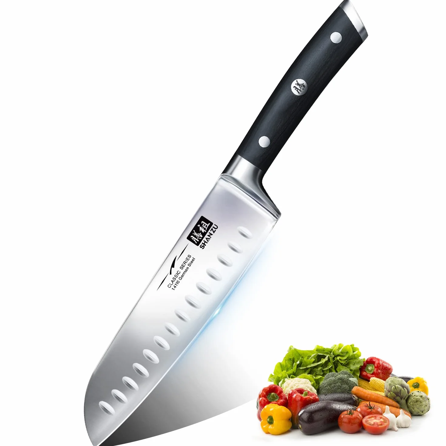 SHAN ZU nóż Santoku 18 cm niemieckie noże ze stali nierdzewnej o wysokiej zawartości węgla - seria klasyczna…