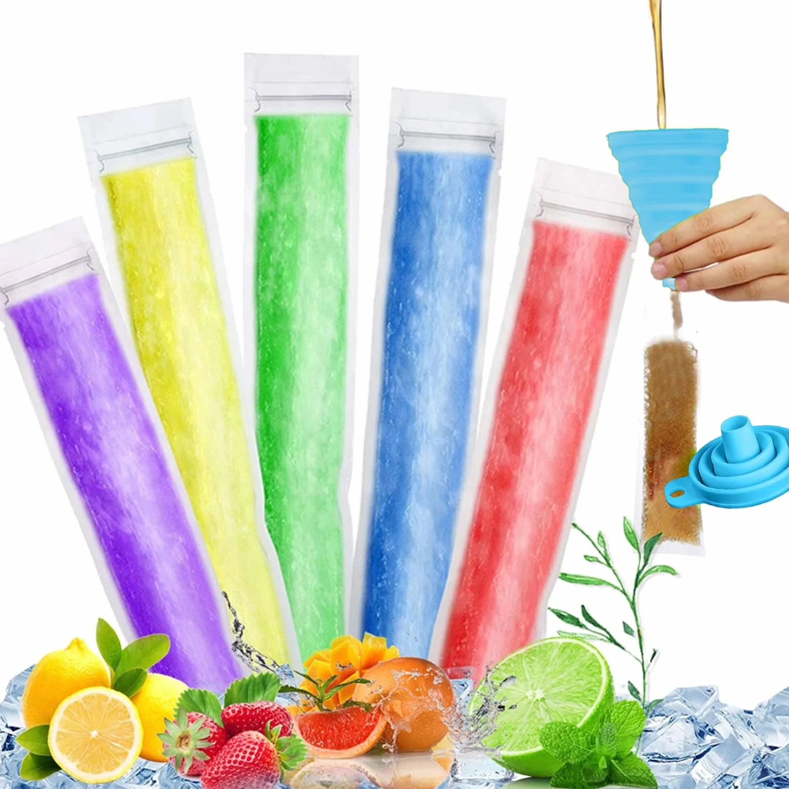 Foremki do lodów wodnych, 200 sztuk, torebki do lodów wodnych, nie zawierają BPA, foremki do lodów typu popsicle, foremki do lodów wodnych, bez BPA, z lejkiem, foremki do lodów DIY, do jogurtu
