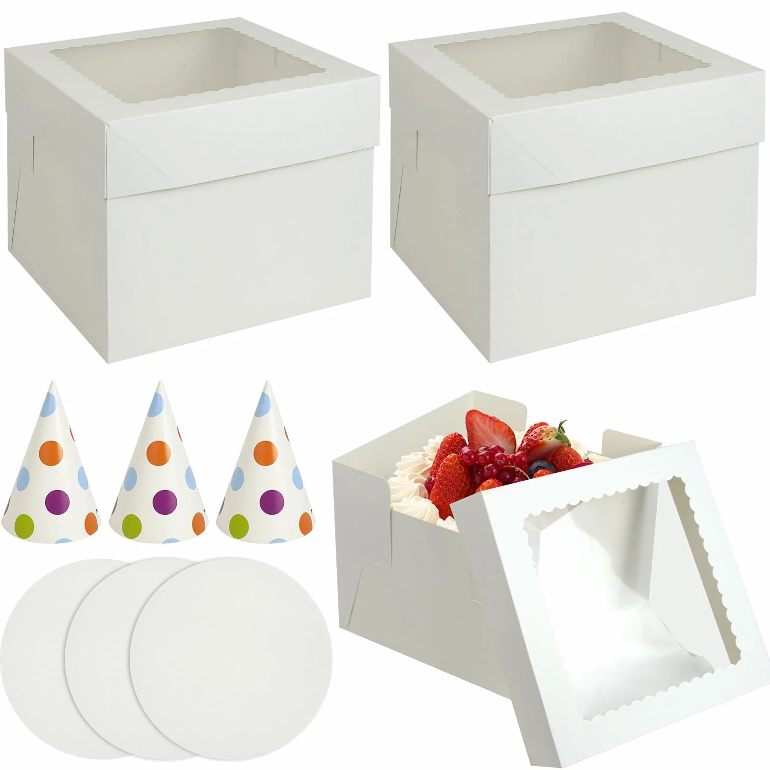 Zestaw kartonów na tort dwuwarstwowy, 3 sztuki, 25,5 x 25,5 x 20,5 cm, wysokie pudełko na tort, z okienkiem i paterą na tort, białe pudełko na tort z kapeluszem urodzinowym, pudełko na ciasto z
