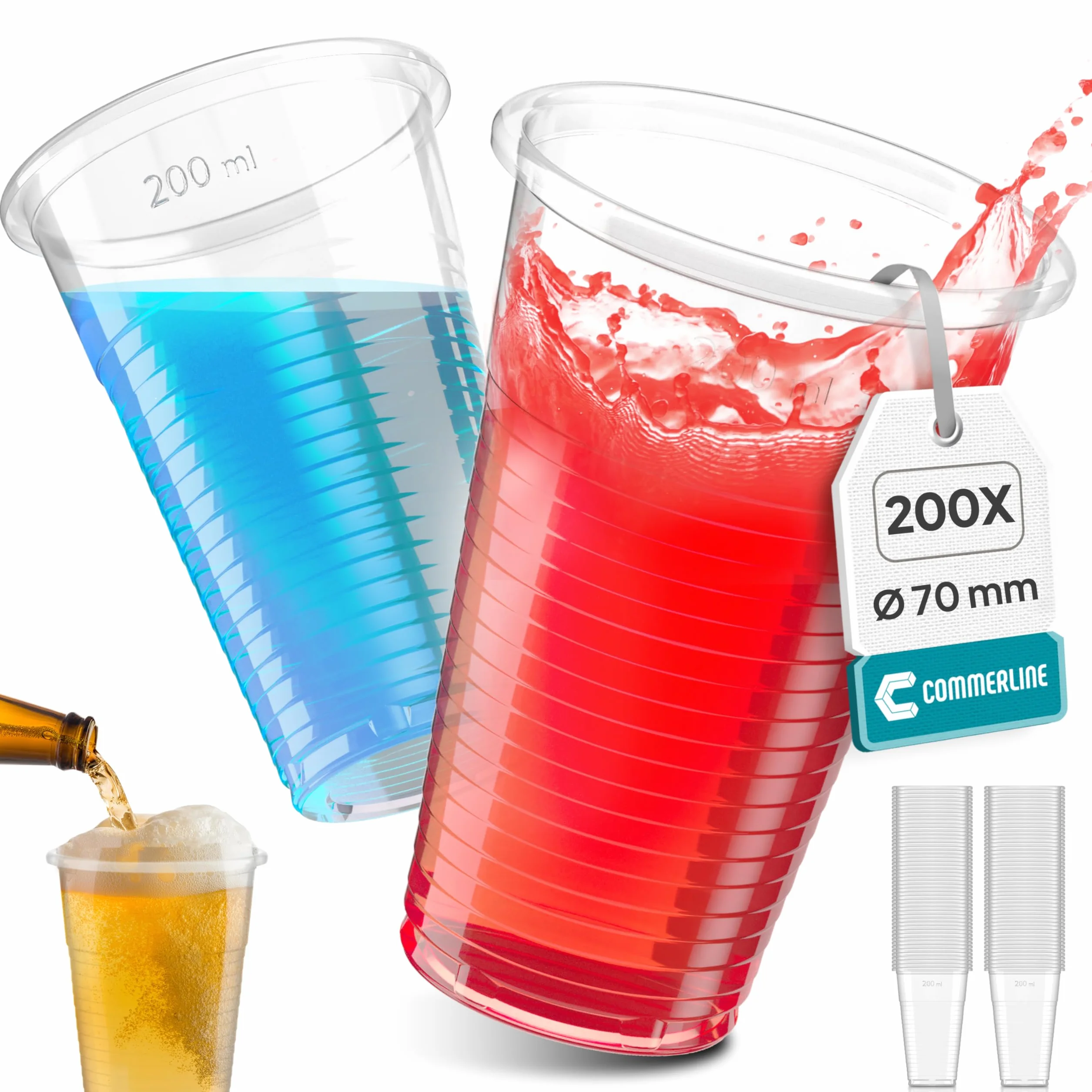 Commerline Przezroczyste plastikowe kubki 0,2 l 1000 sztuk PP