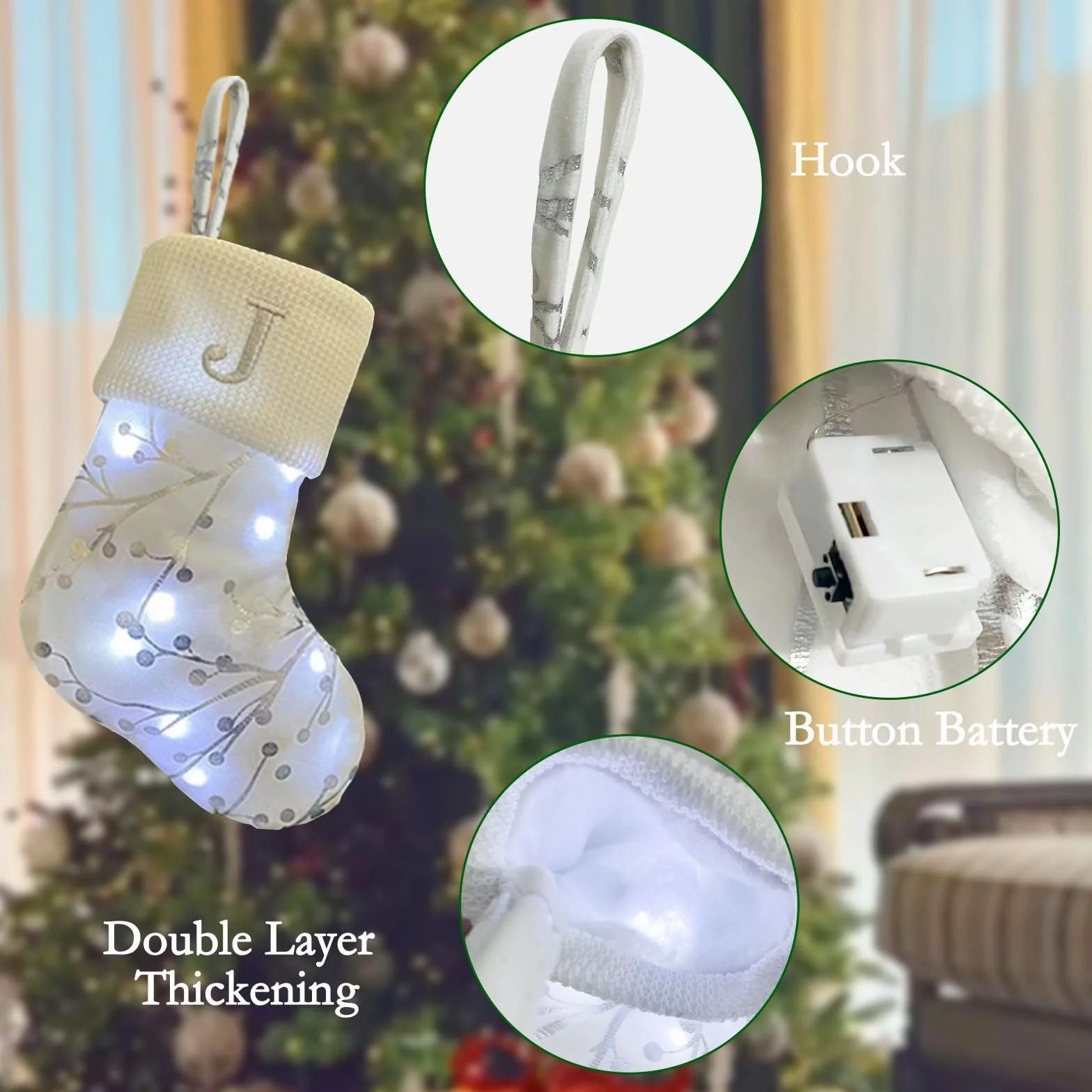 3 szt. Świąteczne skarpety z oświetleniem LED, spersonalizowane skarpety Świętego Mikołaja z literami JOY, białe torby świąteczne, pudełko na prezent wiszące na kominku na drzewie, 20 x 17 cm