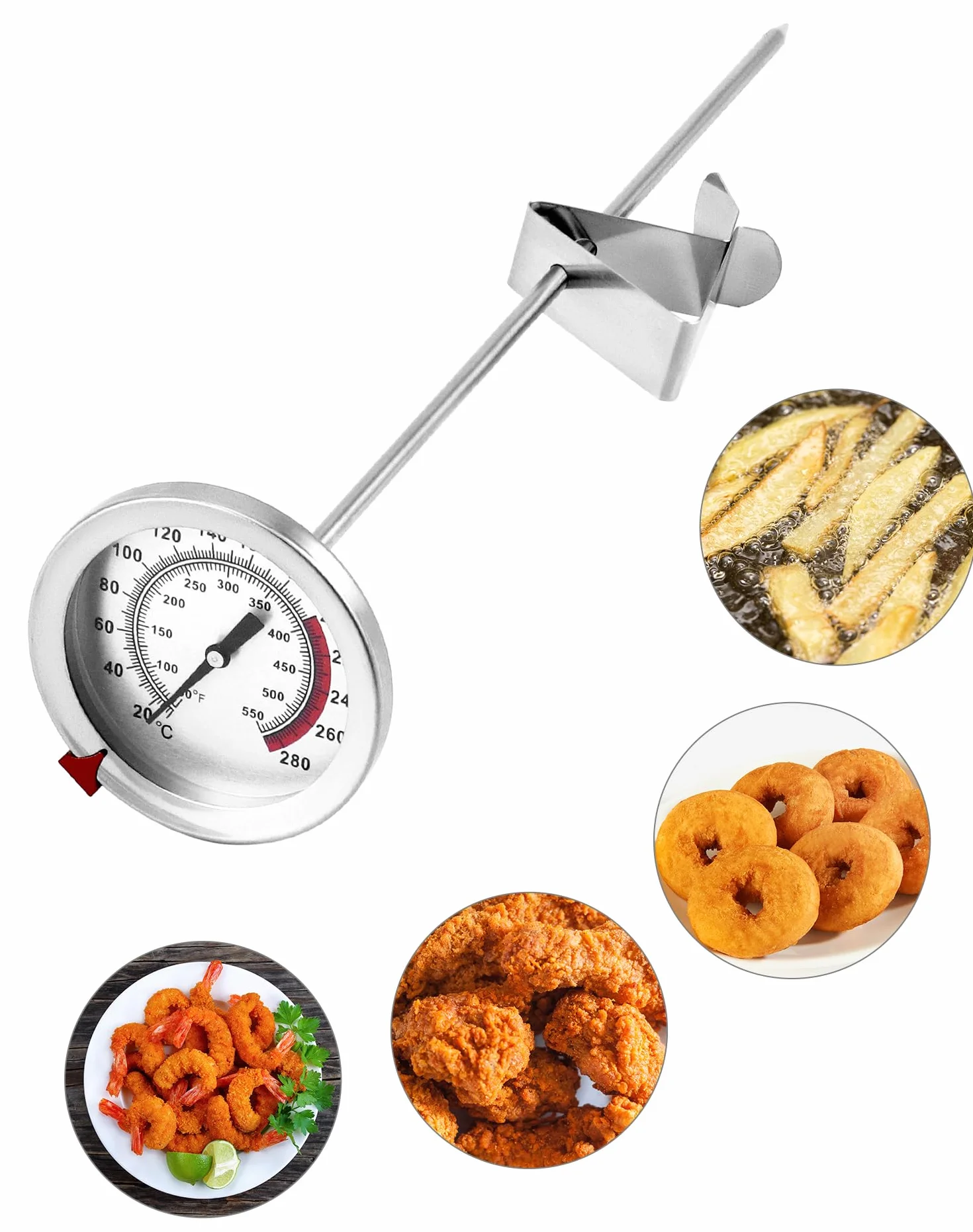 QWORK® 304 termometr do smażenia ze stali nierdzewnej 290°C/550°F z długą sondą 23 cm, natychmiast czytelny analogowy termometr do mięsa, termometr kuchenny