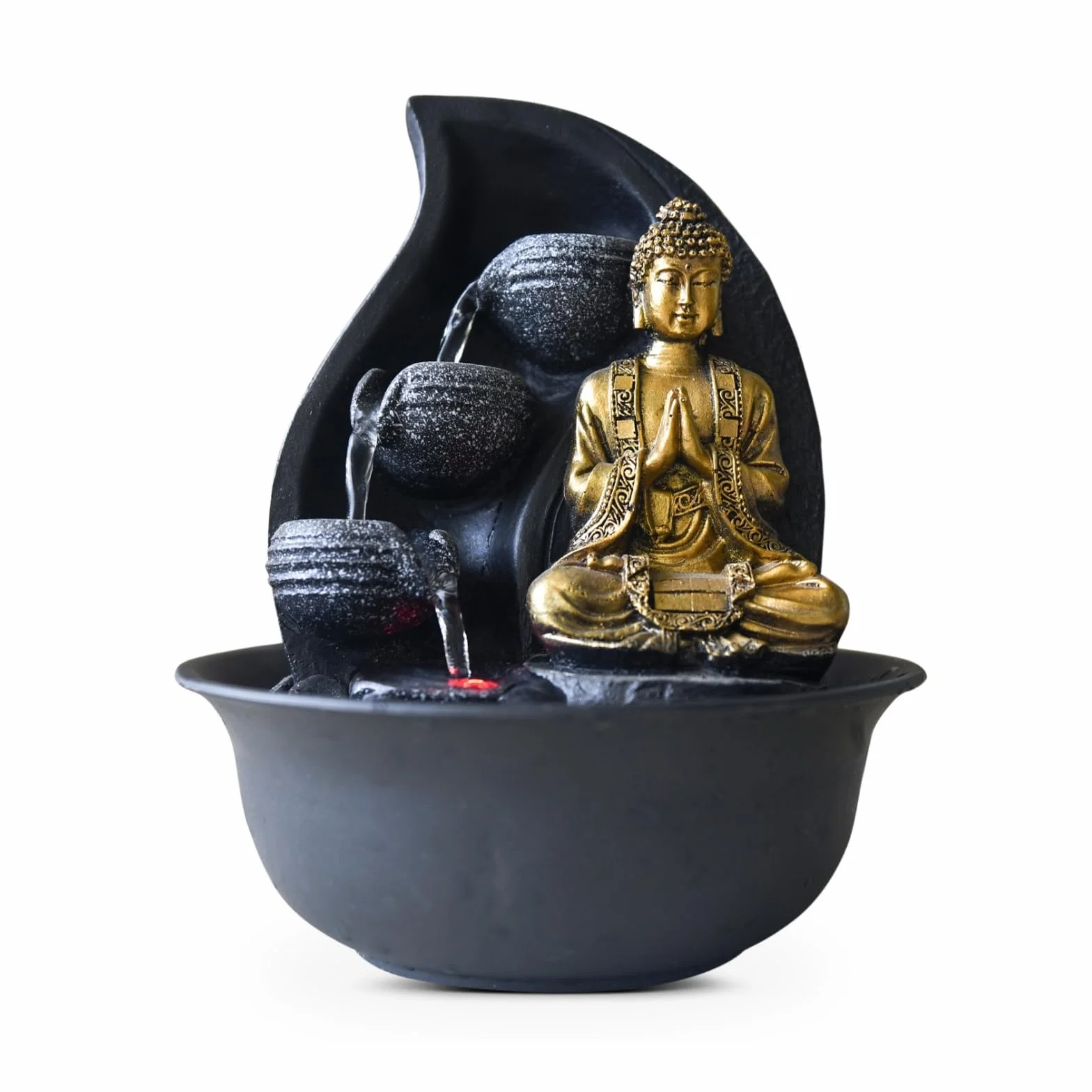 Fontanna Buddy Praya - Wyjmowana fontanna Buddy - Egzotyczna dekoracja Zen - Prezenty - Fontanna stołowa Światło LED - Obwód zamknięty - Brązowy i złoty - H 26 cm - Zen'Light