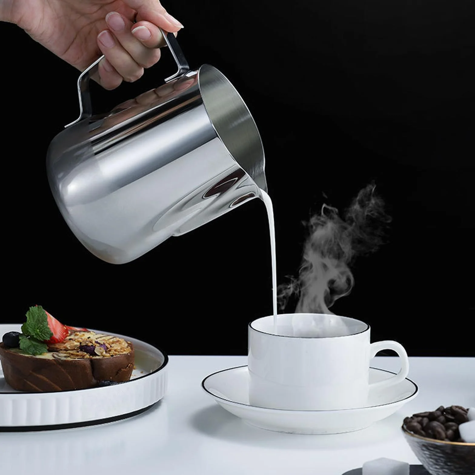350 ml Dzbanek do Spieniania Mleka, Dzbanek do mleka ze stali nierdzewnej, latte dekorowanie pióro artystyczne, Dzbanek na Mleko z Miarką dla Baristy, Espresso, Latte Art, Idealny dla Miłośników Kawy