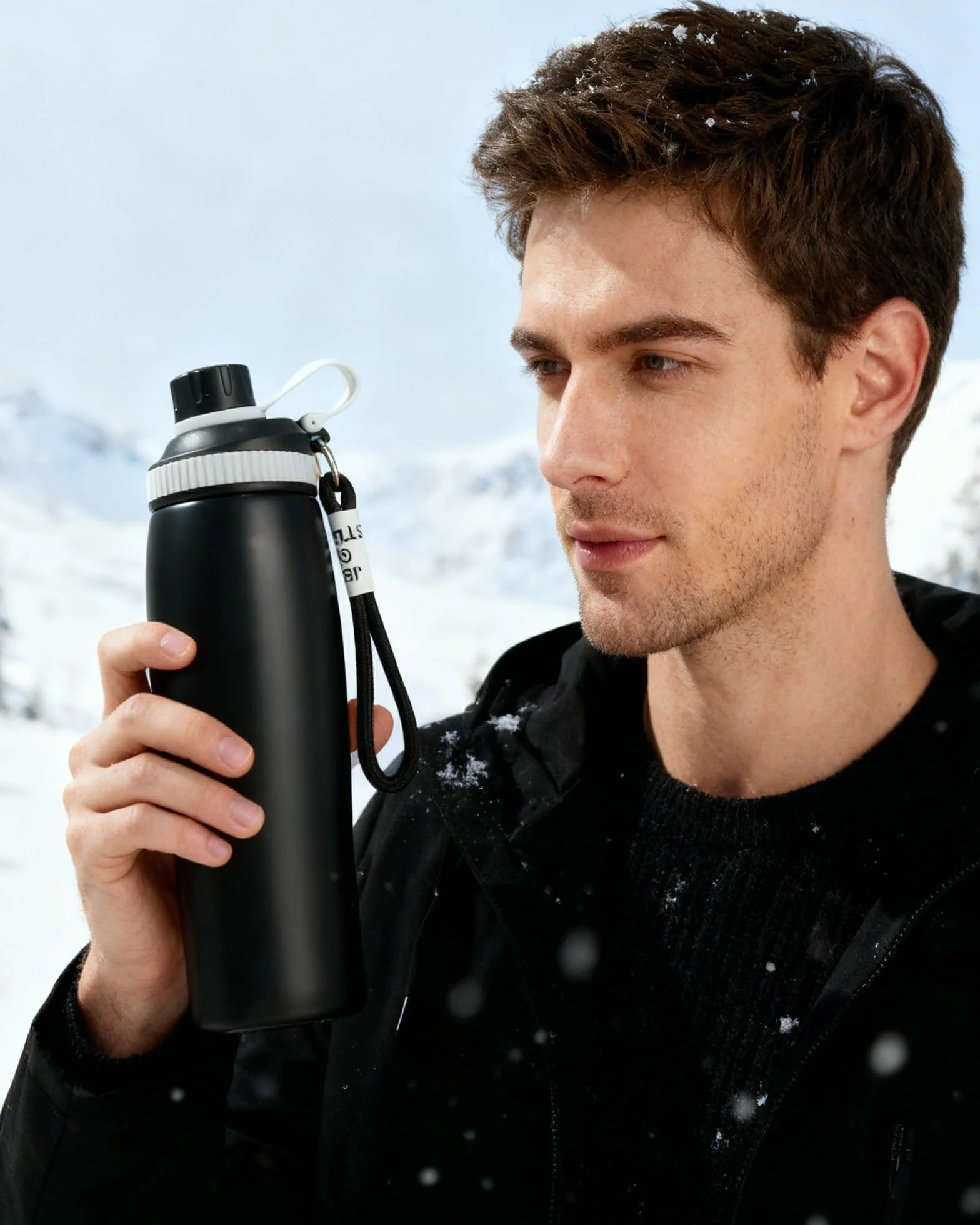 Butelka Termiczna ze Stali Nierdzewnej 600 ml, Sportowa z Pętlą, Podwójna Izolacja, Czarny