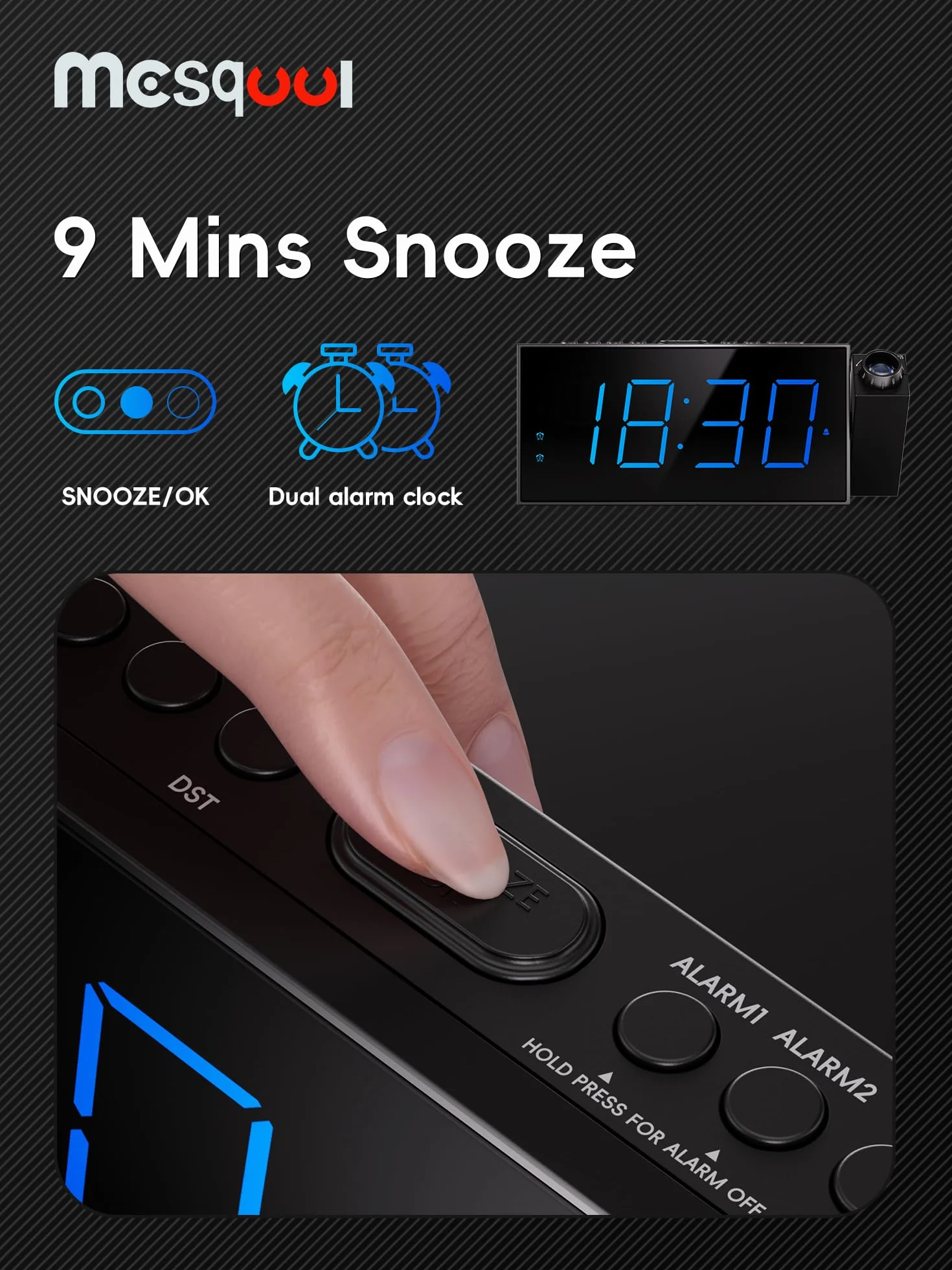Budzik projekcyjny, 7-calowy cyfrowy wyświetlacz i ściemniacz, podwójny alarm, złącze USB, regulowana głośność alarmu, drzemka, 12/24, zapasowa bateria do sypialni, sufitu, ściany, domu, dzieci,