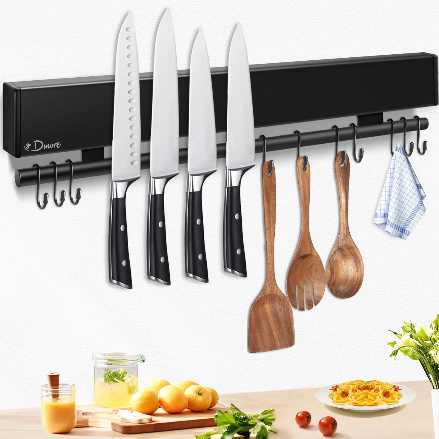 Dmore Listwa magnetyczna na noże z 10 haczykami, 43 cm, uchwyt na noże magnetyczne, czarne, z listwą z haczykami, bardzo samoprzylepny, magnetyczny uchwyt na noże, łącznie z taśmą klejącą i śrubami