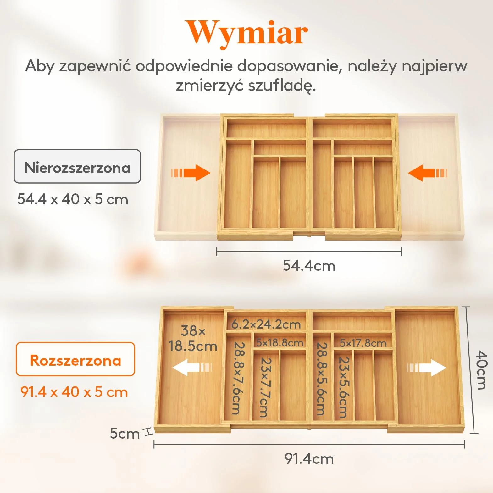 Lifewit Bambusa Organizer do Szuflady Kuchennej Regulowany 54.4-91.4 cm Szerokość 40 cm Głębokość
