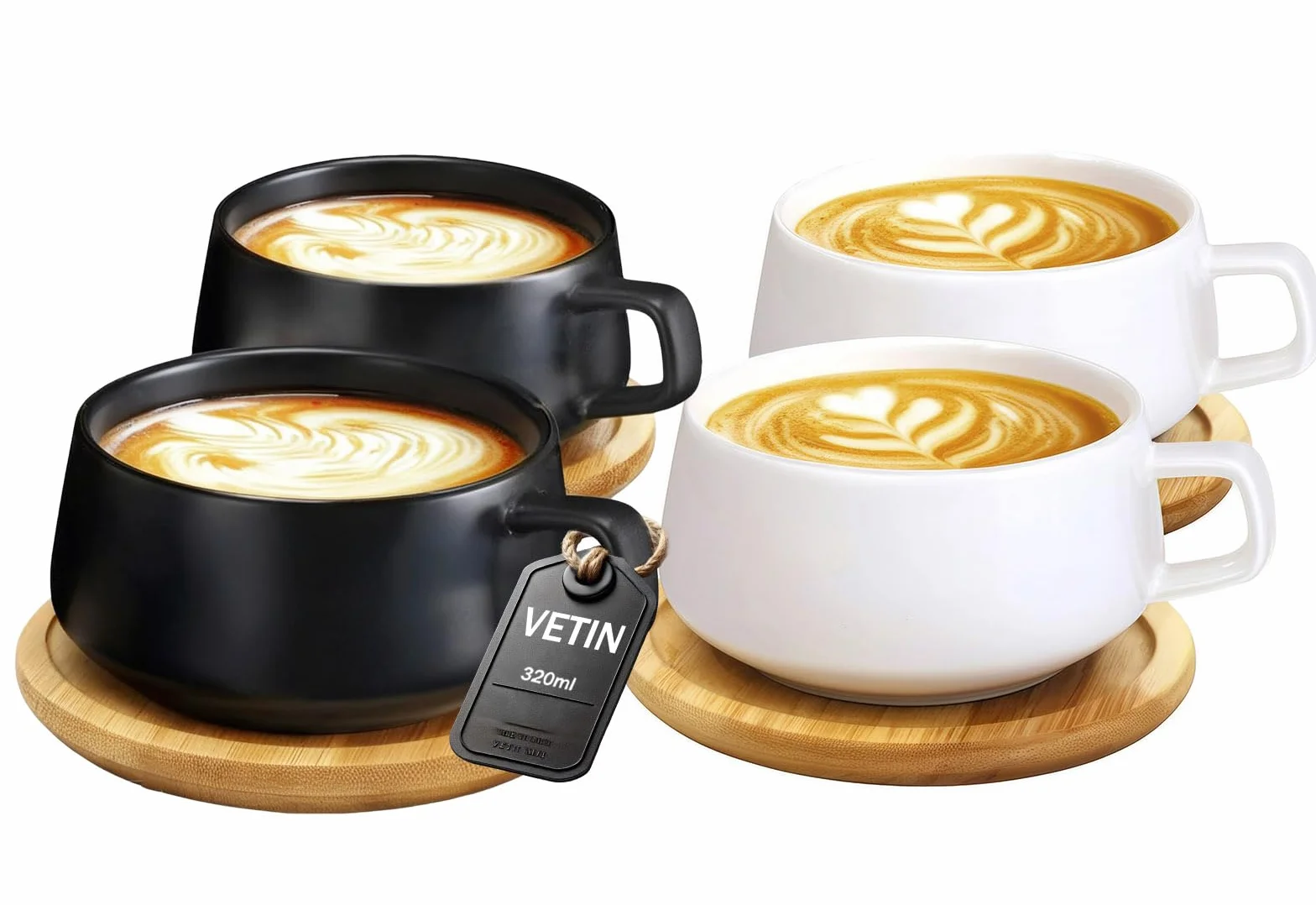 VETIN komplet filiżanek do cappuccino porcelanowych marmurowych 300 ml z drewnianym krążkiem 4 sztuki