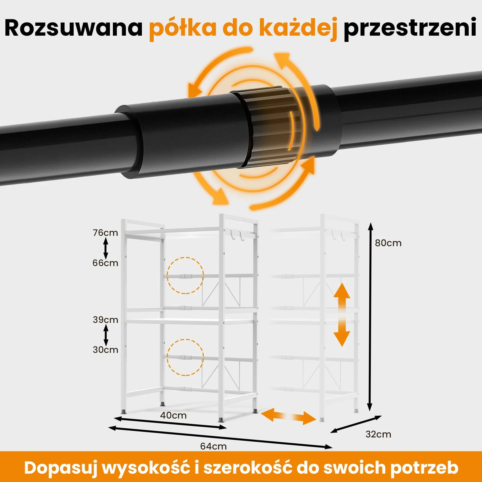 Heldenwunder Regał Mikrofala Regał Kuchenny stojący Stalowy (3-poziomowy) | Regał do Przechowywania Regał Piekarski z regulacją wysokości i długości + instrukcja wideo, haki – Biały