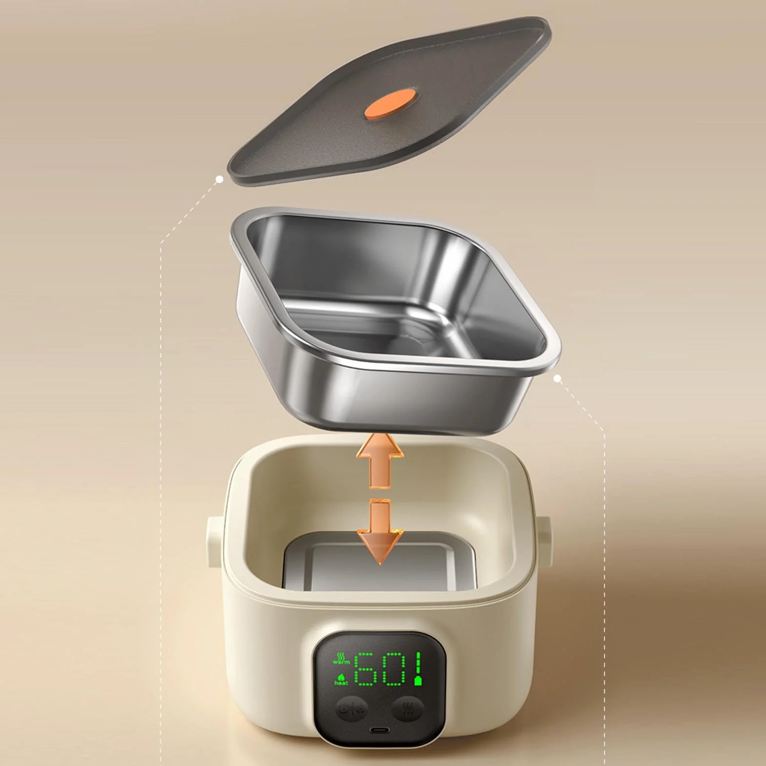 Bezprzewodowy Elektryczny Pojemnik na Lunch, 500ml 25W Szybciej Podgrzewany Pojemnik na Lunch, Podgrzewacz do żywności z 7-biegowym timerem, Tryb izolacji, Akumulator 8800mAh