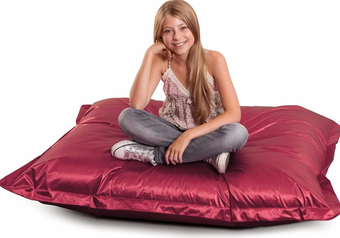 SMOOTHY Original Metallic Junior Indoor XL worek do siedzenia 250 l, ogromny worek do siedzenia, fotel z bawełny; idealny dla dzieci (metaliczny rubin, 140 x 110 cm)