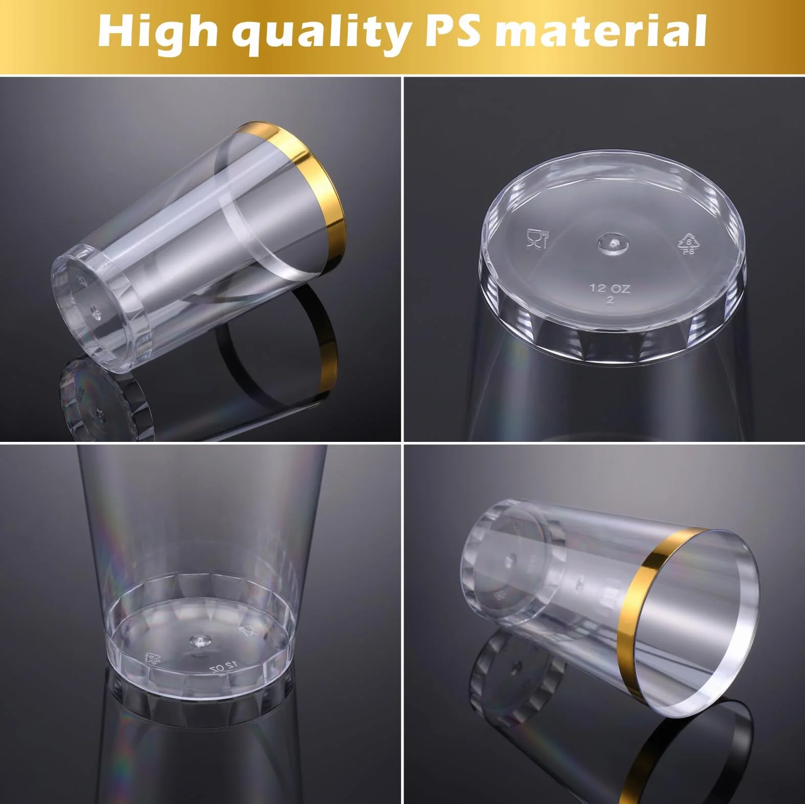 Plastikowe kieliszki do wina wielokrotnego użytku 360 ml złote oprawki 60 szt.