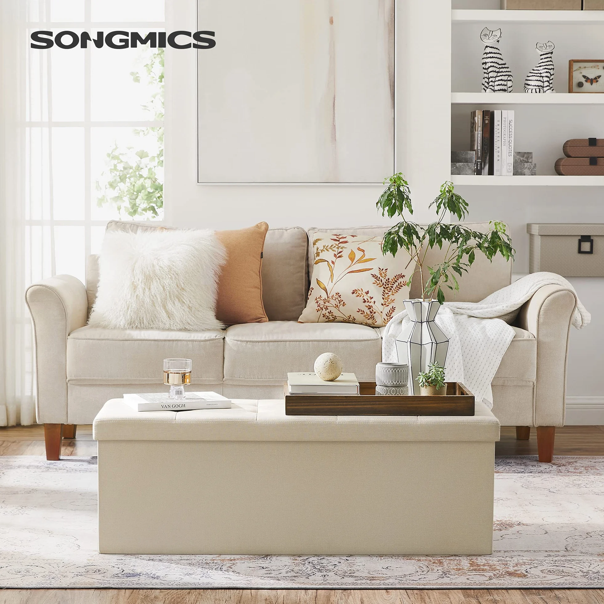 SONGMICS Taboret Składana Ławka z Miejscem do Przechowywania 38x110x38 cm Podnóżek Obciążenie 300 kg