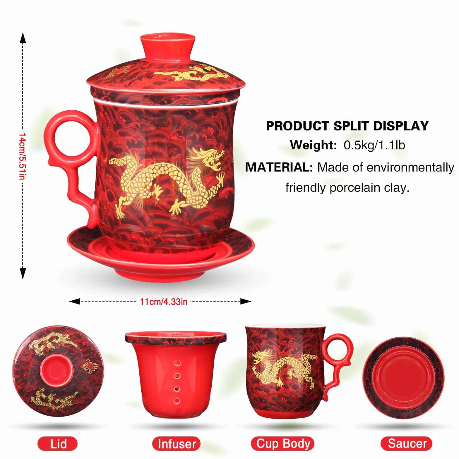 4 szt. zestaw chiński, smok, wzór, kubek do herbaty z sitkiem, pokrywką oraz spodkiem, ceramiczny kubek do herbaty, wygodny system, chiński porcelanowy osobisty kubek do herbaty, 40 ml, 4 kolory (czerwony)