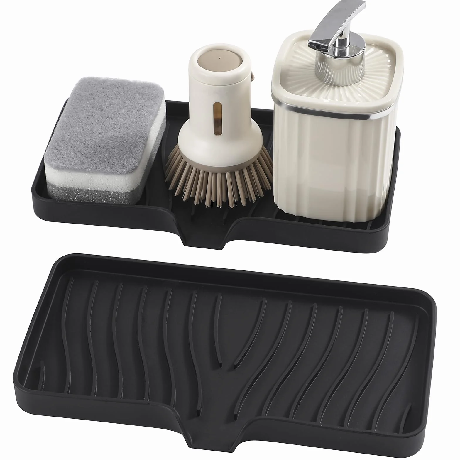 Silikonowy organizer na gąbkę do zlewozmywaka, 25 x 13 cm, do kuchni, łazienki, na gąbki, szczotki, mydło, matę ociekową, silikonowy, nadaje się do mycia w zmywarce (czarny, 2 sztuki)