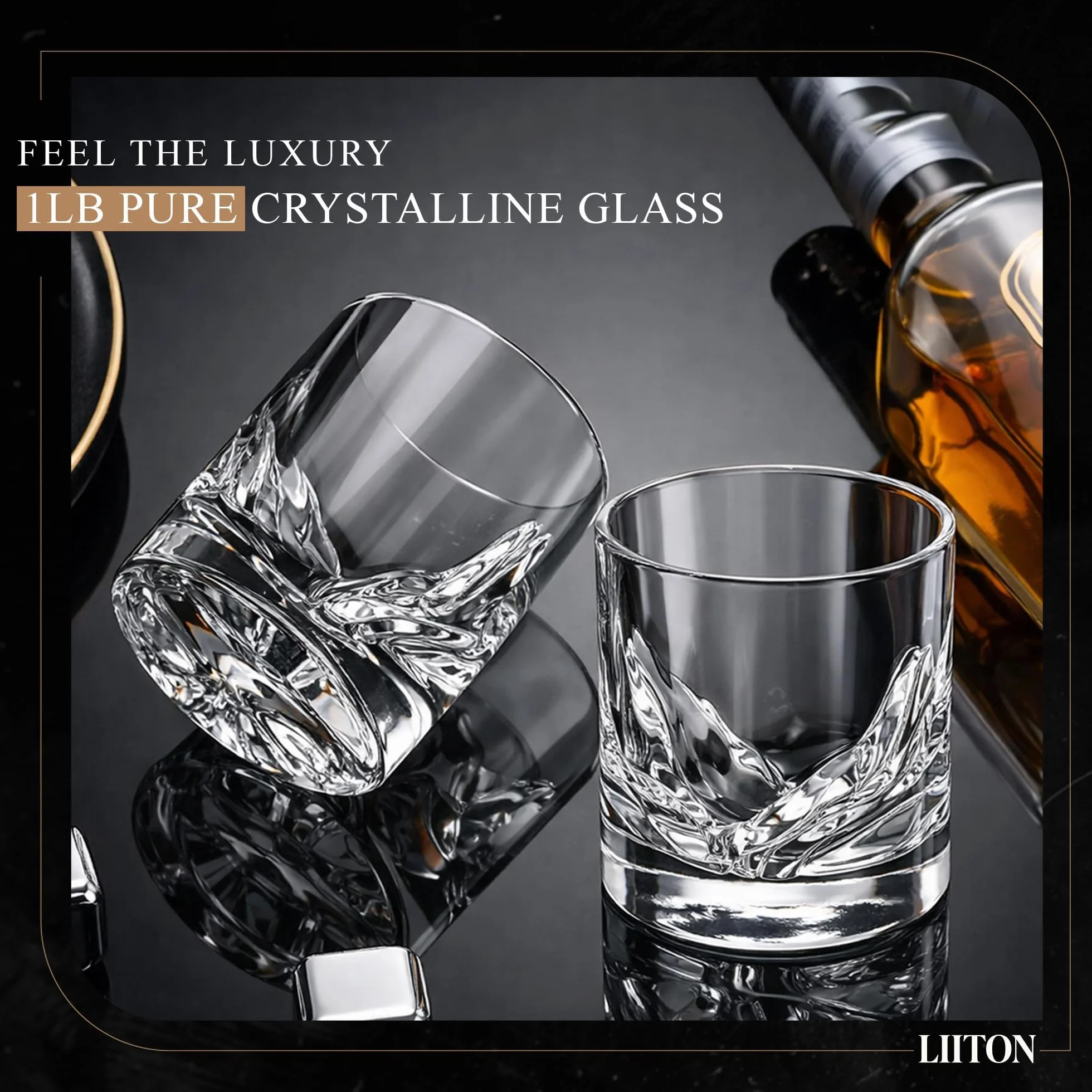 LIITON Ciężkie Kryształowe Szklanki do Whisky - Zestaw Upominkowy, Grube Mrożone Szklanki do Burbona, 0,5 kg, Premium Prezenty dla Mężczyzn, Kryształowe Dreszcze Koktajle