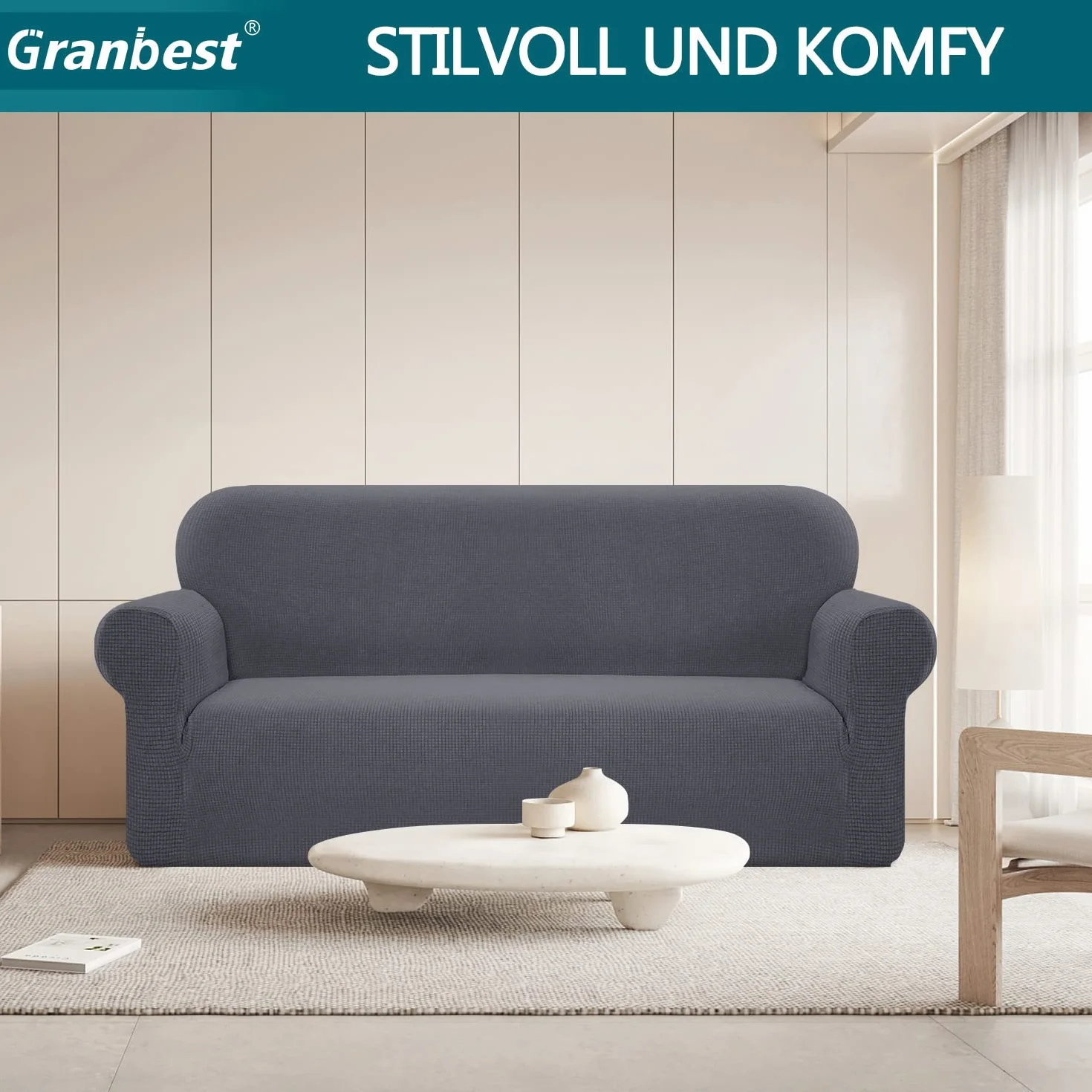 Granbest Elastyczny pokrowiec na sofę, pokrowiec na kanapę, wodoodporny, 1 sztuka, spandex, żakard, z antypoślizgową pianką (wariant 3-osobowy, szary)