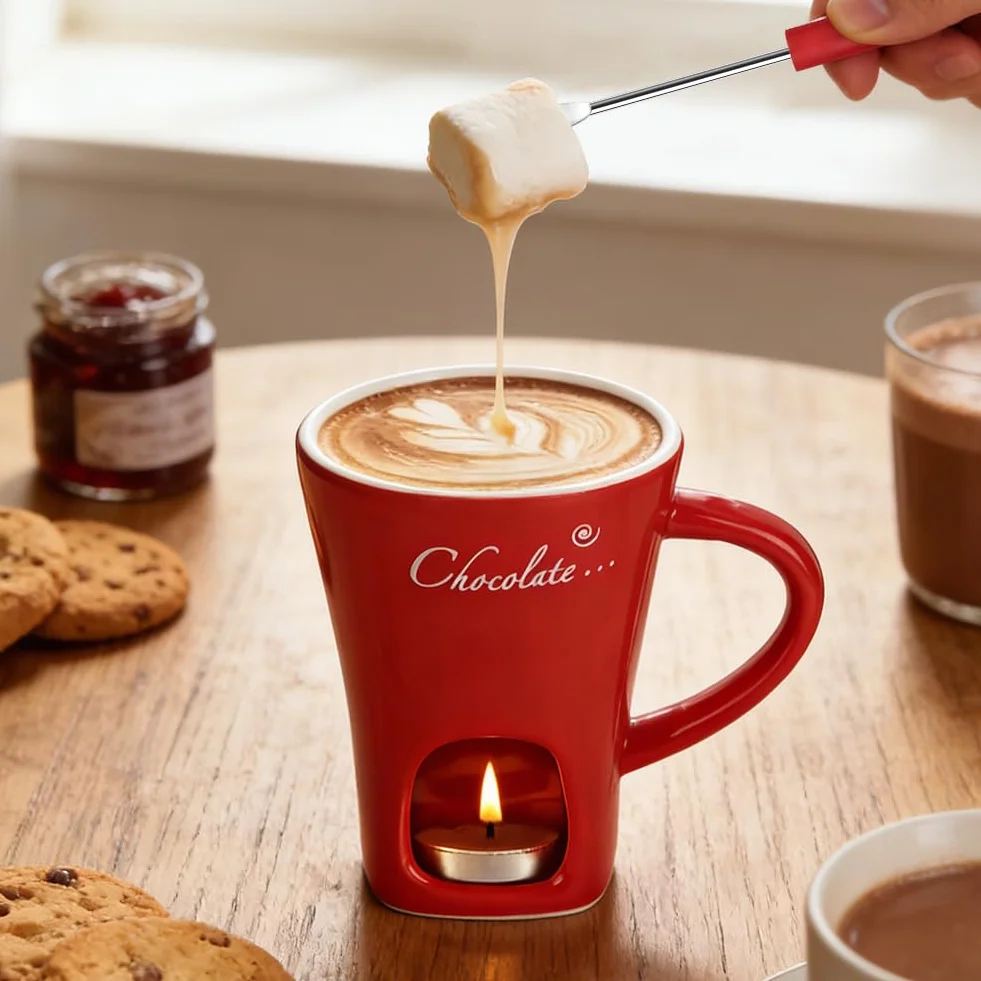 Vicloon Kubek do czekoladowego fondue z widelcami, kubek do topienia czekolady, podgrzewacz sera, ceramiczne kubki do topienia masła, osobisty zestaw do fondue do domu, czerwony