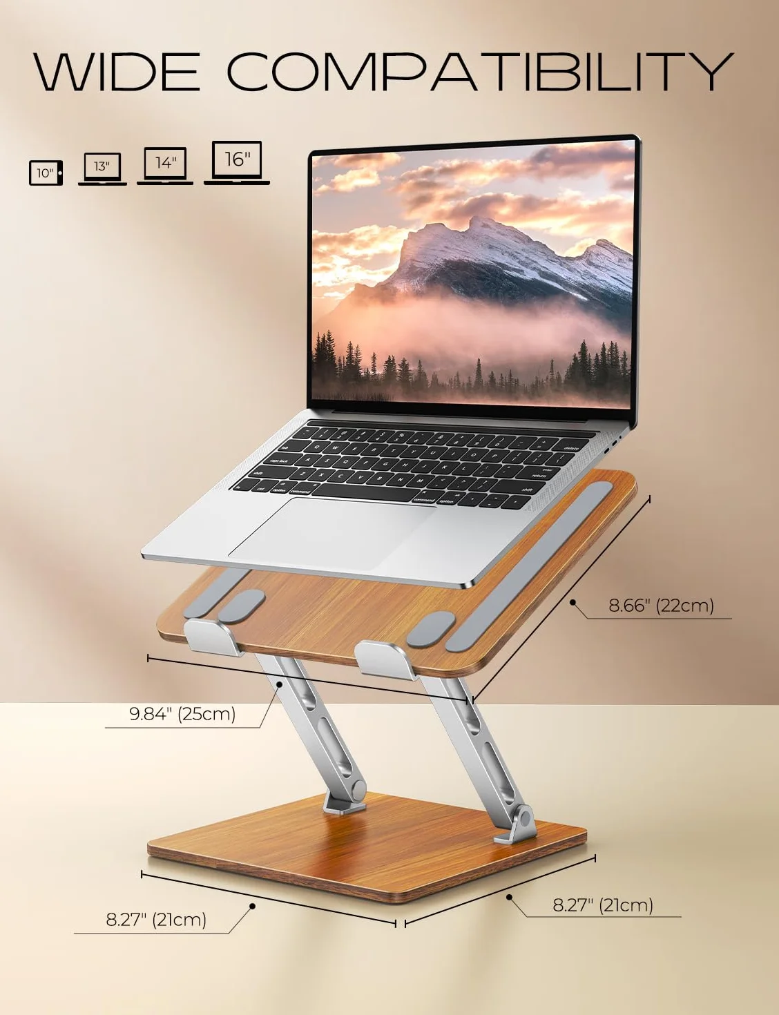 CIRYCASE Laptop Stand dla biurka, aluminium i drewno Ergonomiczny laptop Riser z regulowanym kątem, składany podwójny stojak dla komputera, kompatybilny wszystkie laptopy 10-16"