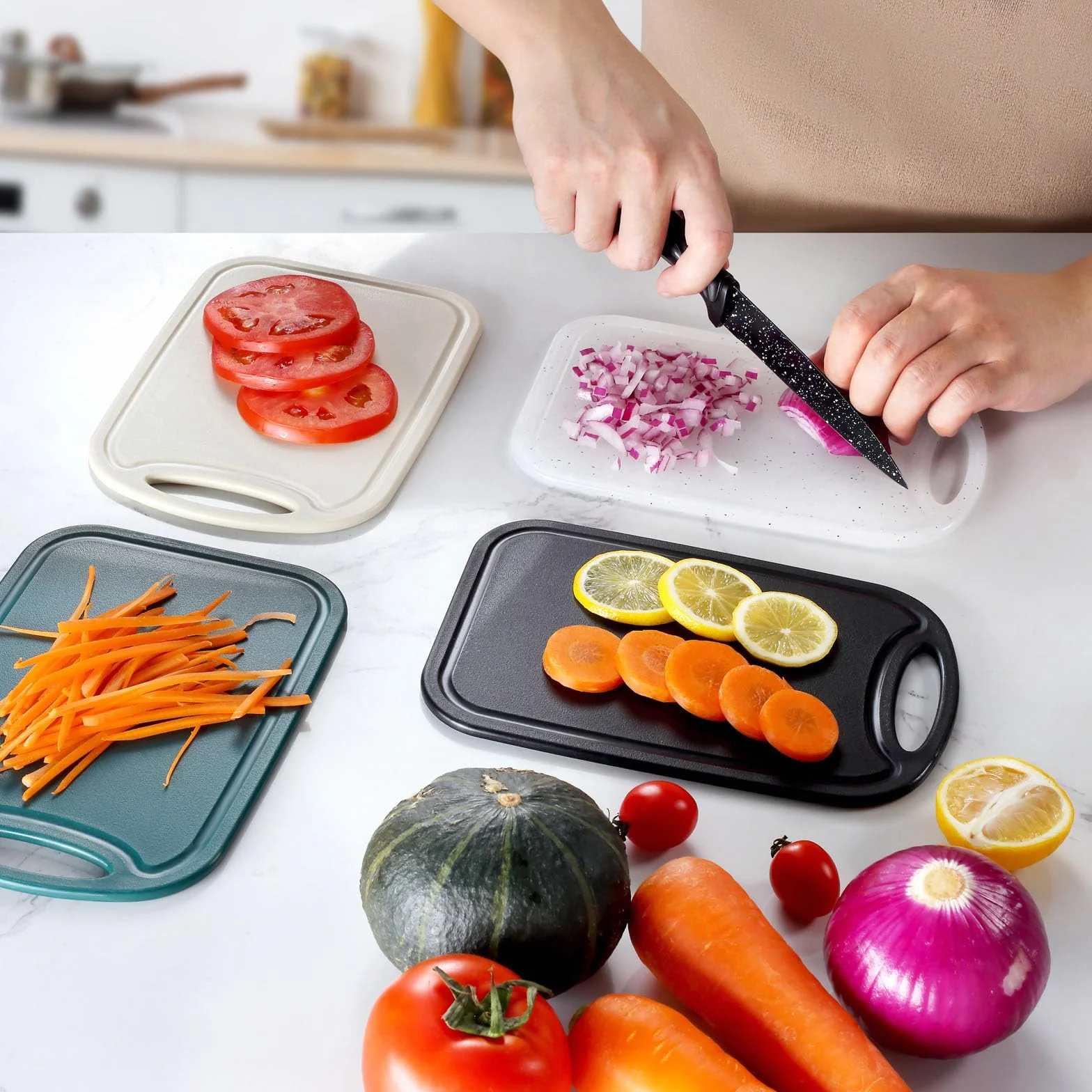 hunnycook deska śniadaniowa, zestaw 6 sztuk, z rowkiem na sok, antybakteryjna, z tworzywa sztucznego, antypoślizgowa, nie zawiera BPA, mała, czarna deska śniadaniowa z tworzywa sztucznego, nadaje się