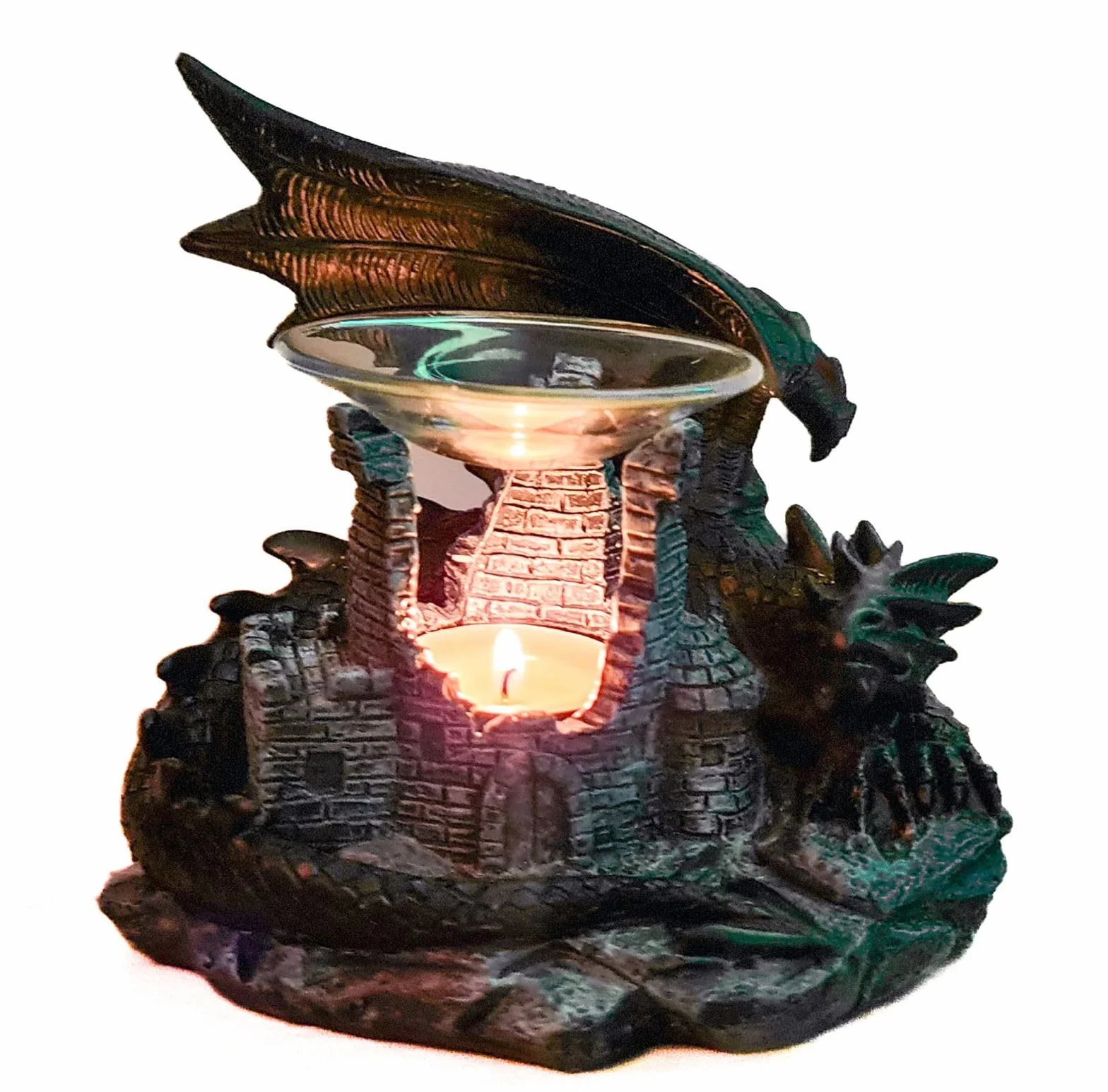 Kremers Schatzkiste Lampa zapachowa smok 22 cm ruiny zamku uchwyt na podgrzewacze do olejków eterycznych wosk zapachowy dekoracja 19 x 22 x 18 cm