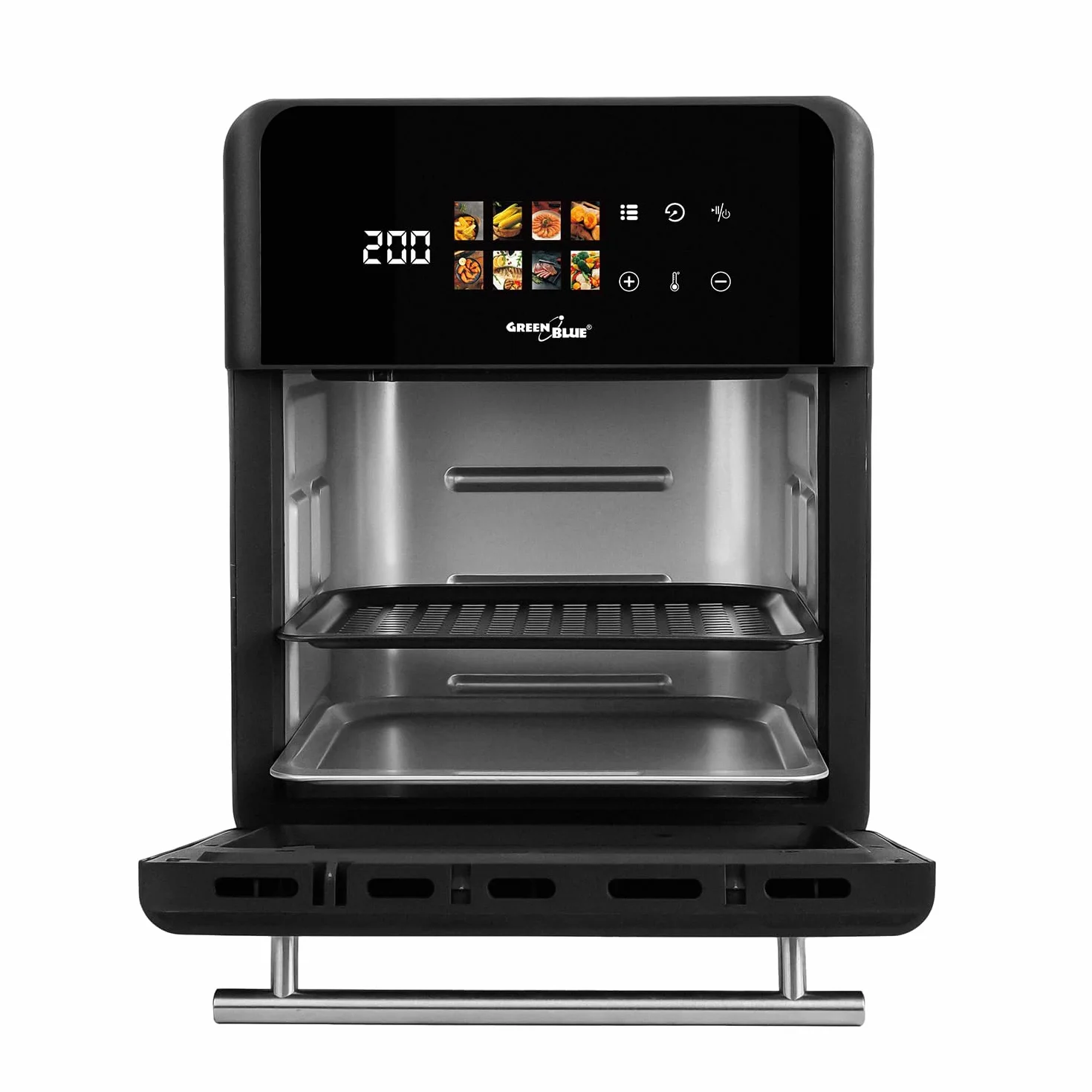 GreenBlue GB950 Frytkownica bezolejowa, pojemność 10 l, moc 1800 W, okienko podglądu, 8 programów, zakres temperatur 70–200 °C, 60-minutowy timer, panel dotykowy LED, akcesoria: kosz, miski, czarna