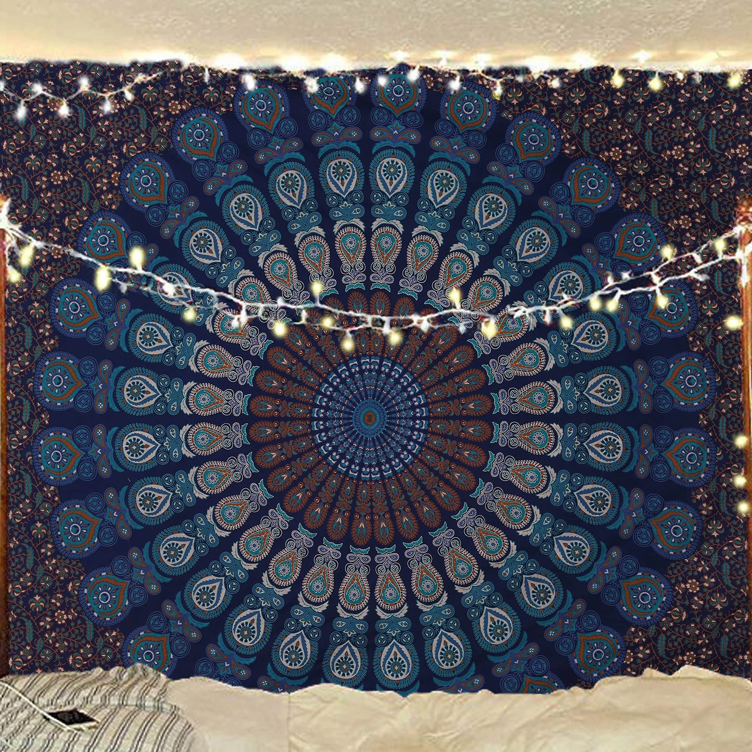 Boho Mandala Gobelin ścienna niebiesko-zielony 225 x 265 cm