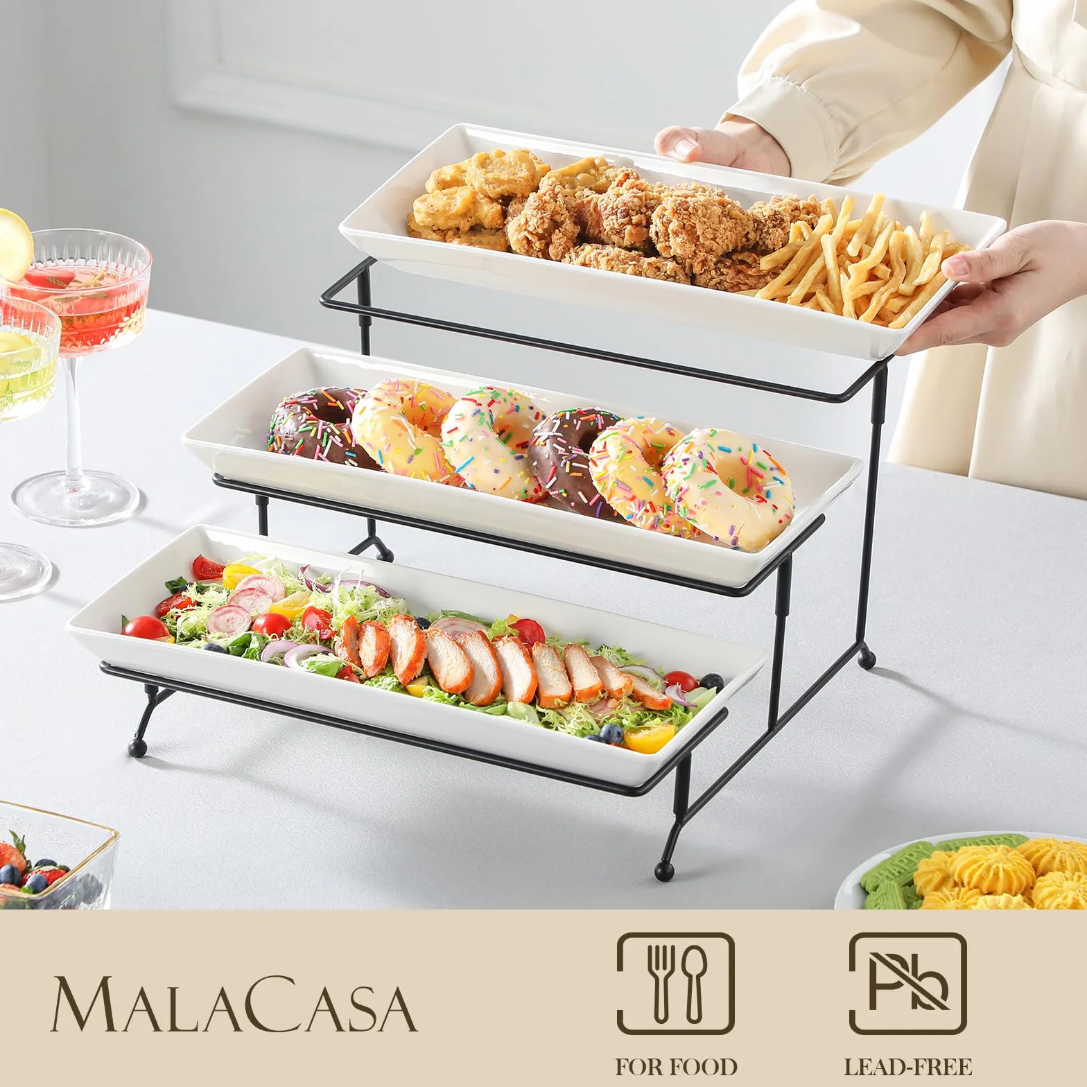 Malacasa etażerka 3-poziomowa 35,6 cm porcelanowy stojak na ciasto z czarną metalową podstawką