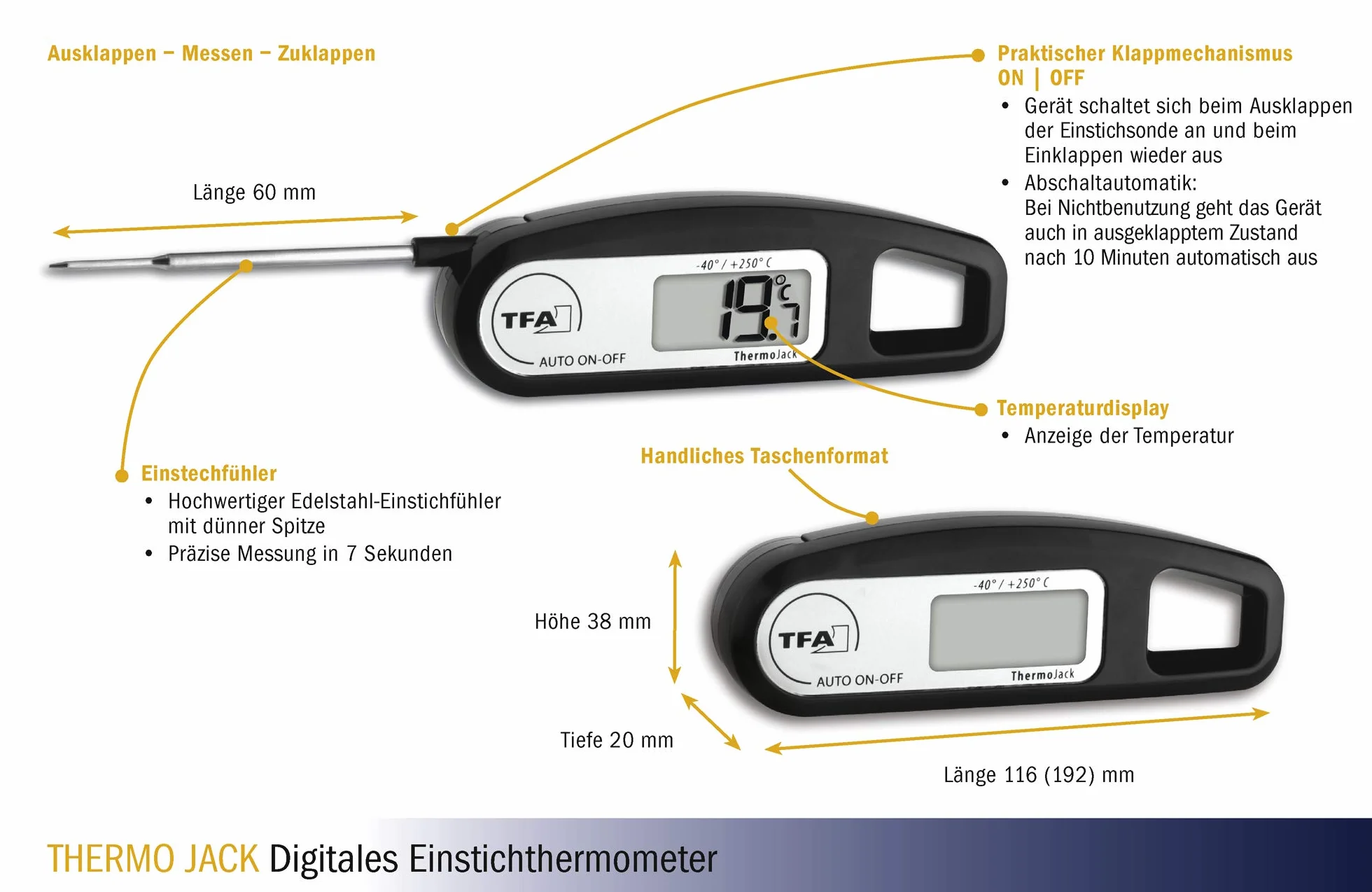 TFA Dostmann Thermo Jack cwkłuwalny/wtykowy termometr cyfrowy, 30.1047.01, kontrola produktów spozywczych, zmywalny, czarny