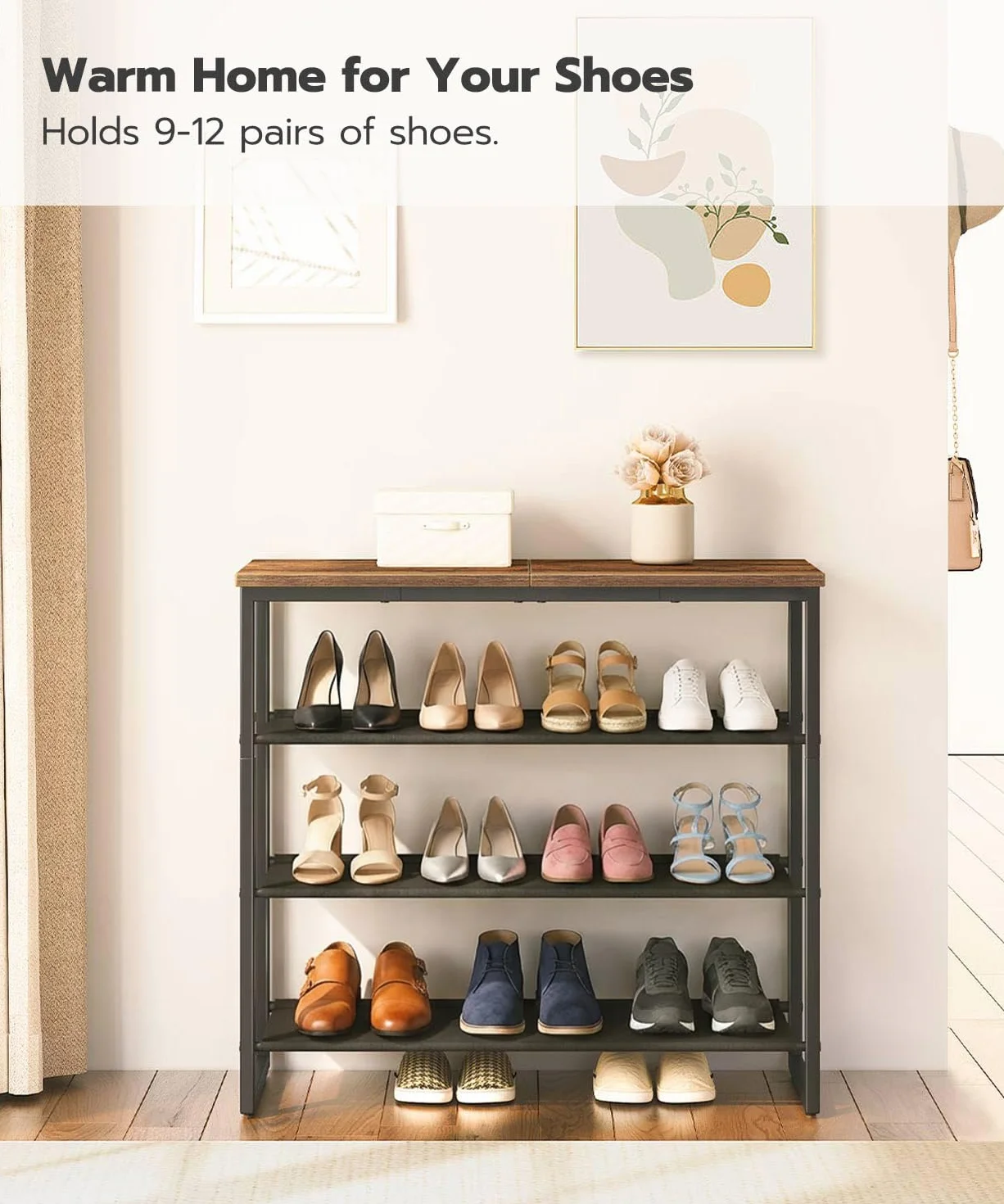HOOBRO Stojak na buty, 4-poziomowy organizer do przechowywania butów z 3 półkami z tkaniny Oxford i górnym panelem, mieści 12-16 par butów do przedpokoju i szafy, industrialny, rustykalny brązowy