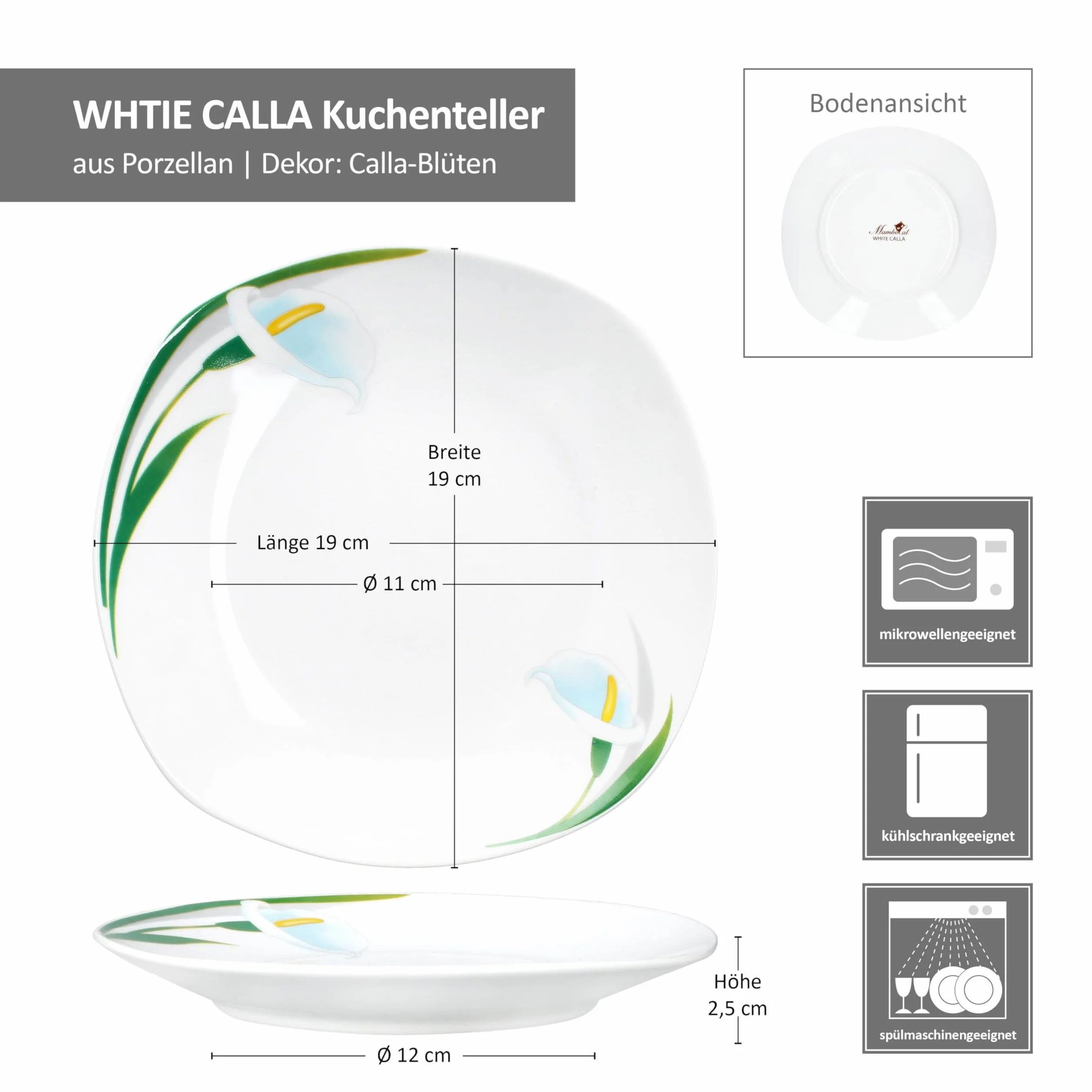 MamboCat Zestaw 6 talerzy do ciasta White Calla, stylowe porcelanowe talerze śniadaniowe z motywem kwiatowym, dla 6 osób, małe talerze do sałatek, deserów, przekąsek itp.