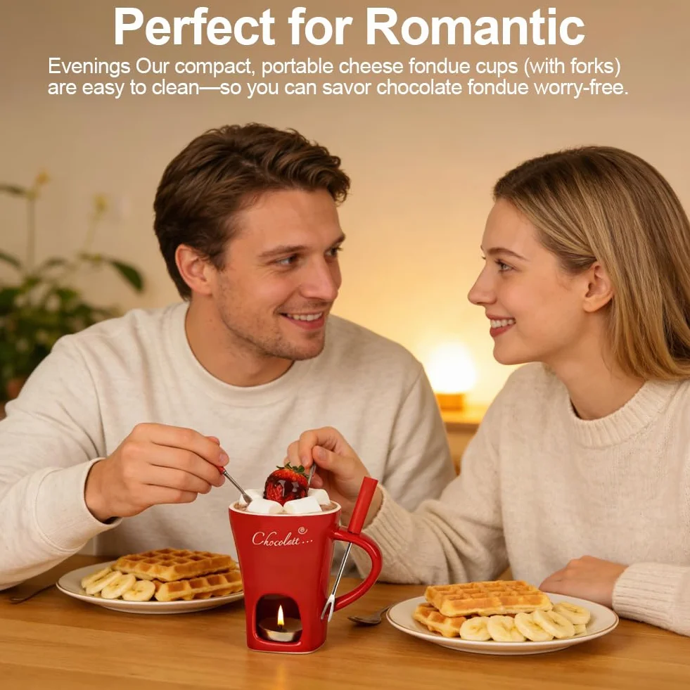 Vicloon Kubek do czekoladowego fondue z widelcami, kubek do topienia czekolady, podgrzewacz sera, ceramiczne kubki do topienia masła, osobisty zestaw do fondue do domu, czerwony