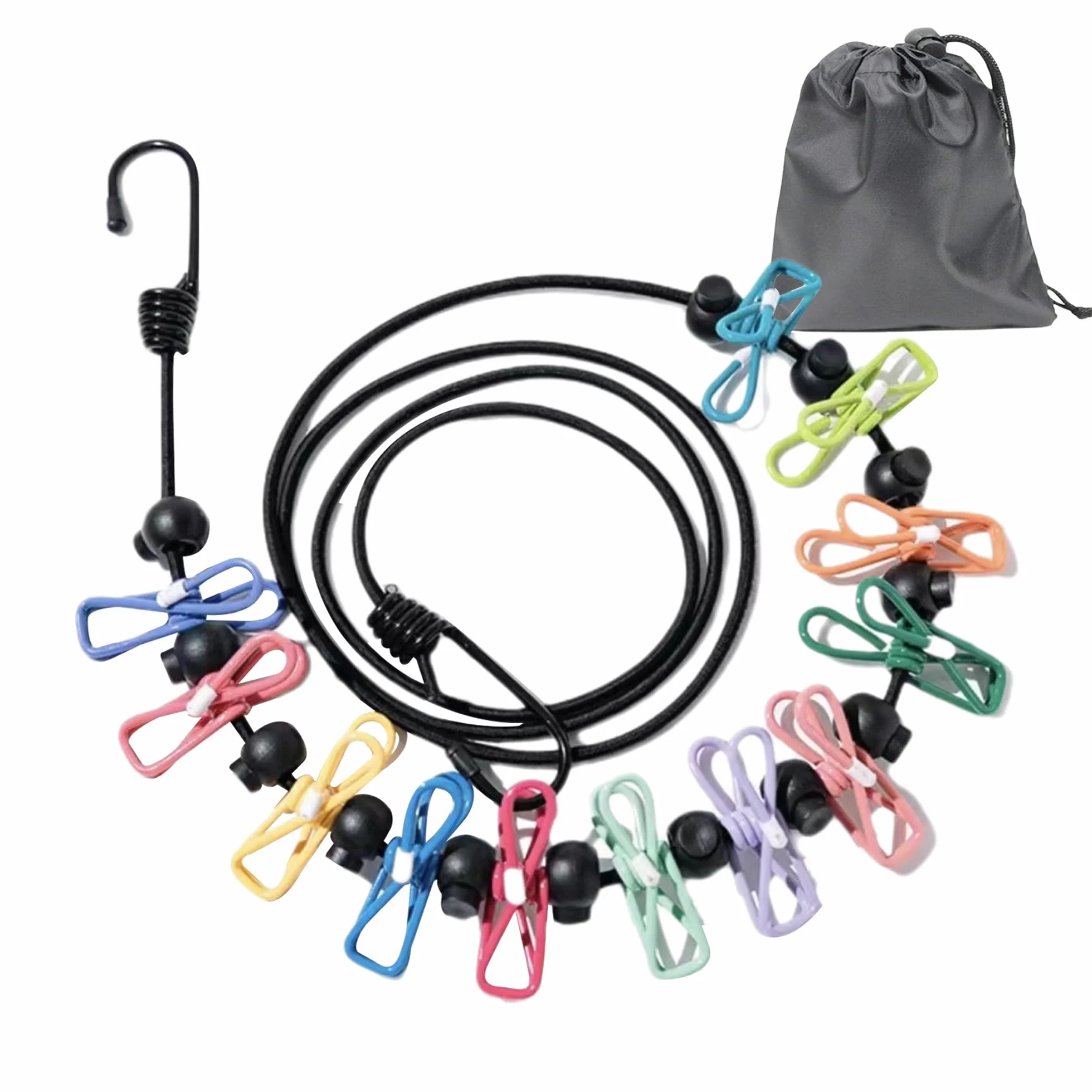 Przenośna podróżna linka do suszenia prania, outdoor zwijana, z 12 klipsami i 13 klamrami pozycjonującymi, na podróż, urlop, outdoor kemping, 180-360 cm