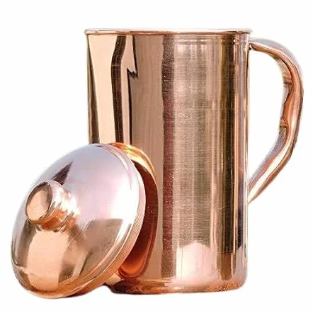 Ręcznie robiona dzban na wodę z czystej miedzi z pokrywką, dzbanek do przechowywania wody do domu, biura i podróży - opakowanie 1 dzban z miedzi (1500 ml)