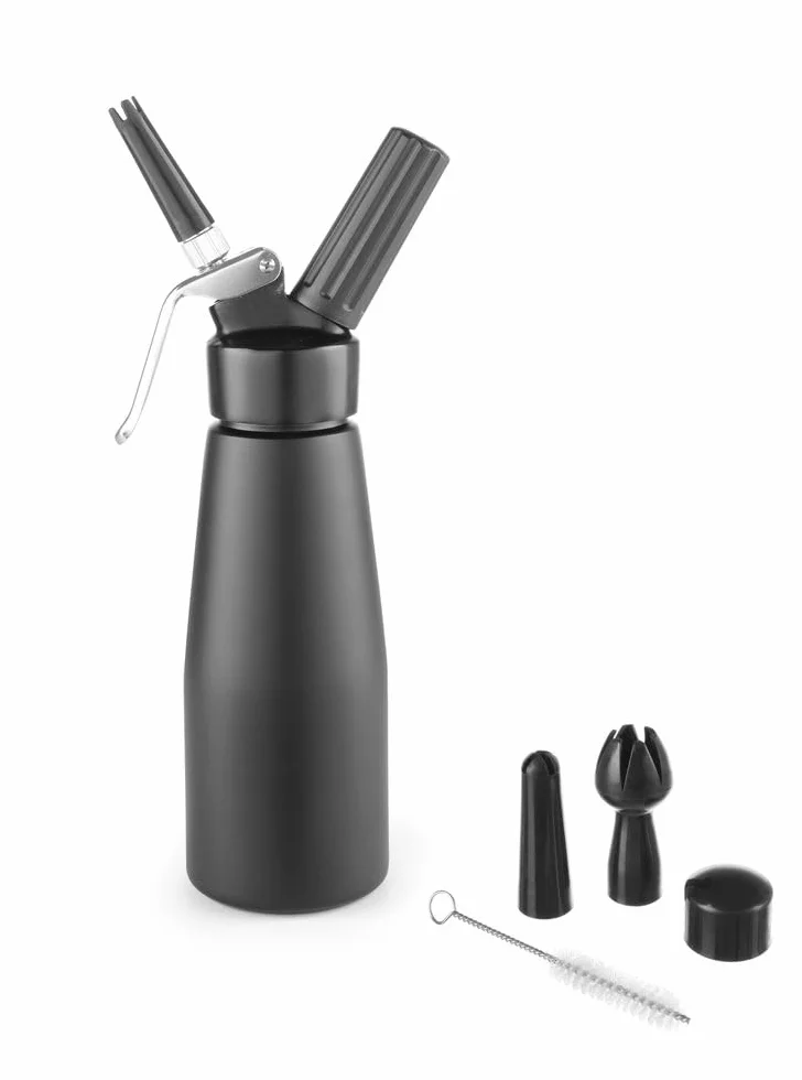 HENDI Syfon do bitej śmietany, w tym zestaw 3 dysz polipropylenowych i szczoteczka do czyszczenia, do przygotowania bitej śmietany, 0,5L, ø80x(H)260mm, aluminium, czarny