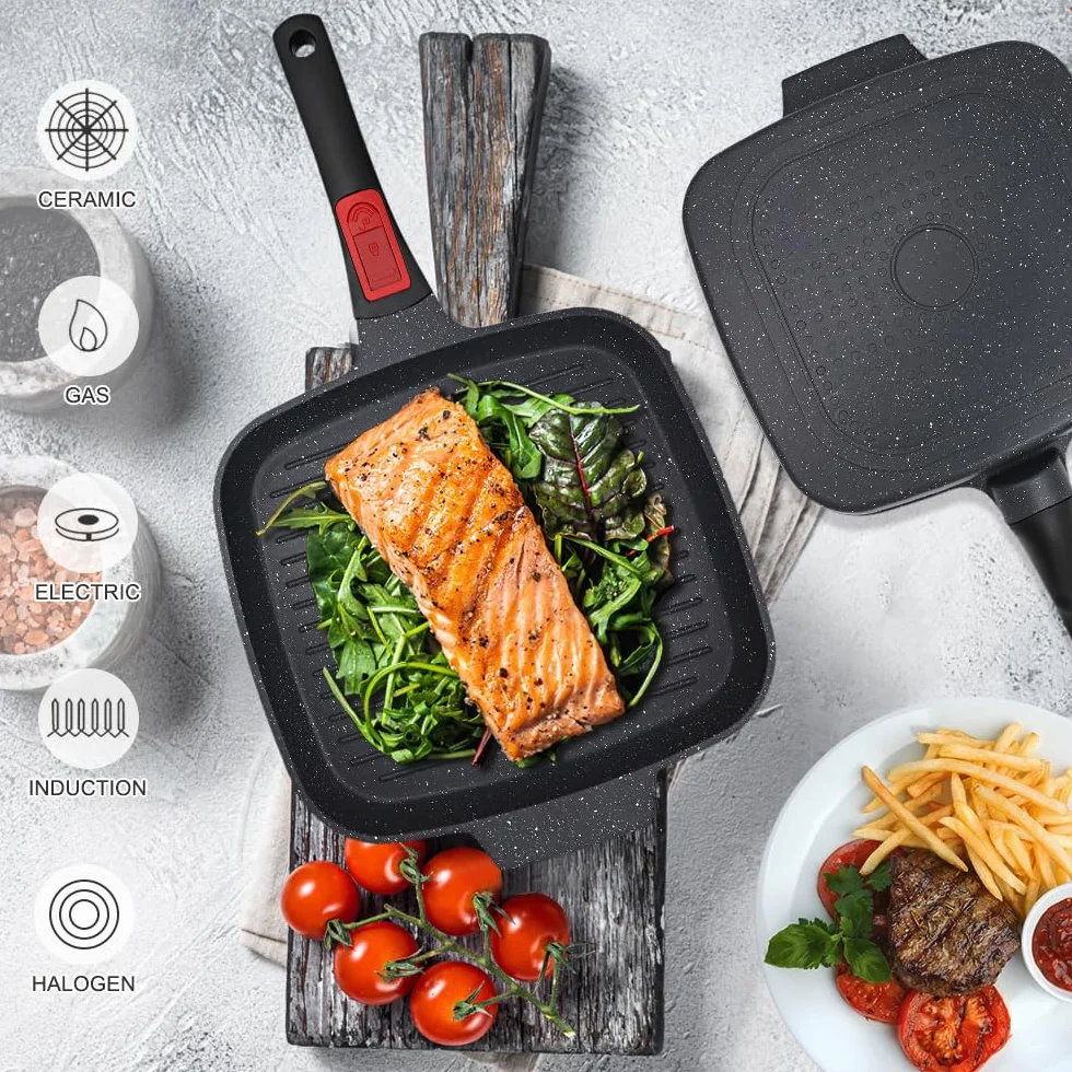 Patelnia grillowa z pokrywką 25 cm z odlewu aluminiowego nieprzywierająca z odpinanym uchwytem do kuchenki indukcyjnej czarna
