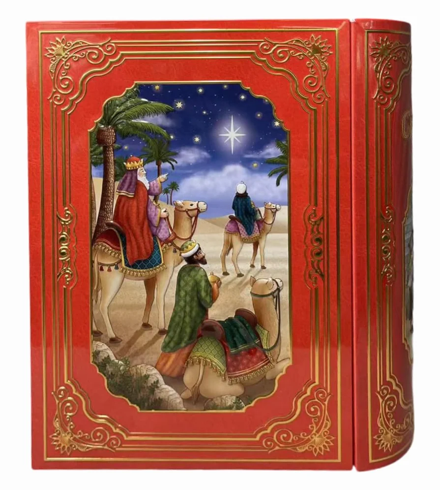Duża blaszana puszka w kształcie bożonarodzeniowej książki Christmas Star, pojemnik na ciastka, 24,5 x 21 x 9 cm, 3 L