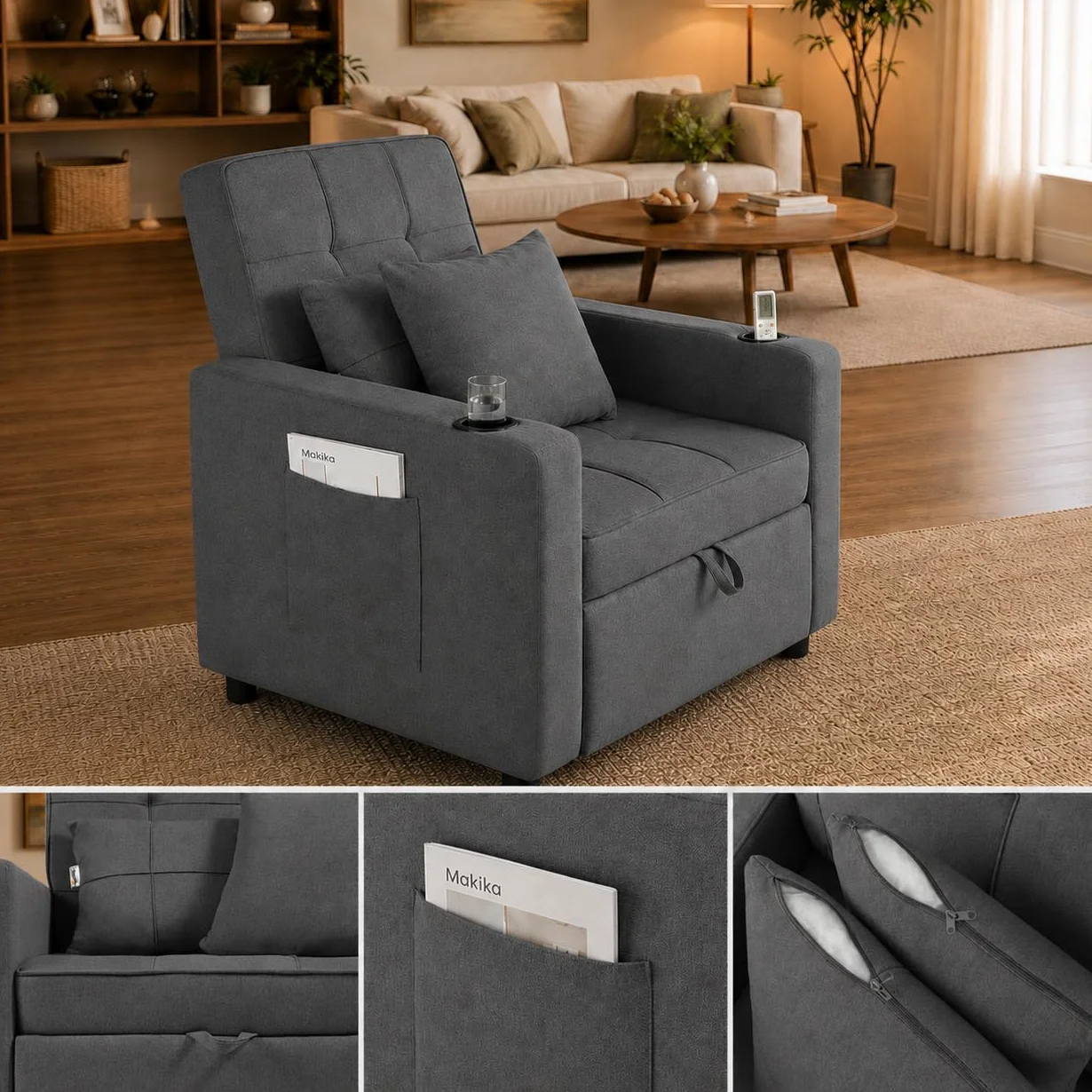 Fotel rozkładany, 3 w 1, z podłokietnikiem, regulowanym oparciem, 2 poduszki, uchwyt na kubek, do 150 kg, pojedyncza rozkładana sofa, do sypialni, salonu, ciemnoszary