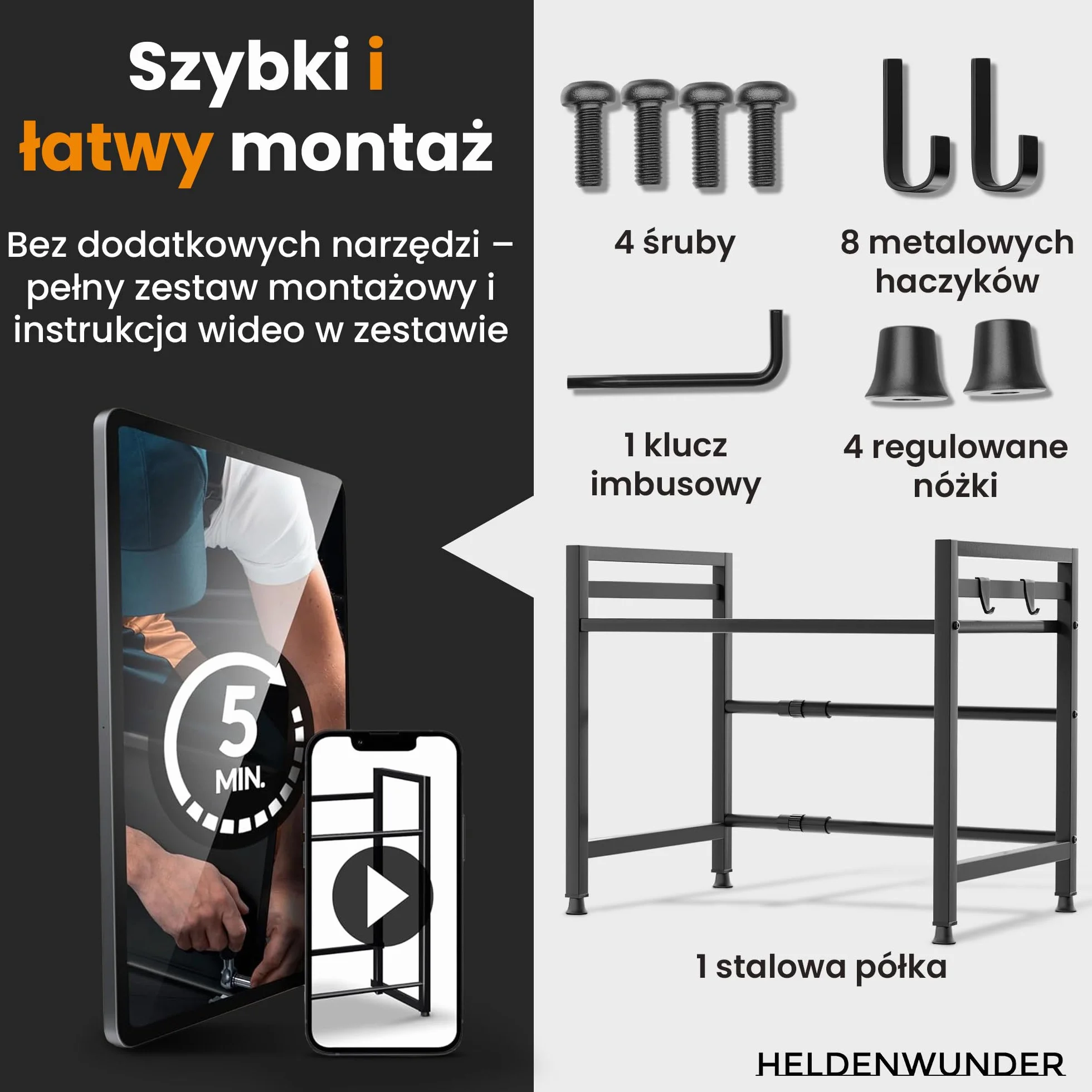 Heldenwunder Regał Mikrofala Regał Kuchenny stojący Stalowy (3-poziomowy) | Regał do Przechowywania Regał Piekarski z regulacją wysokości i długości + instrukcja wideo, haki – Biały
