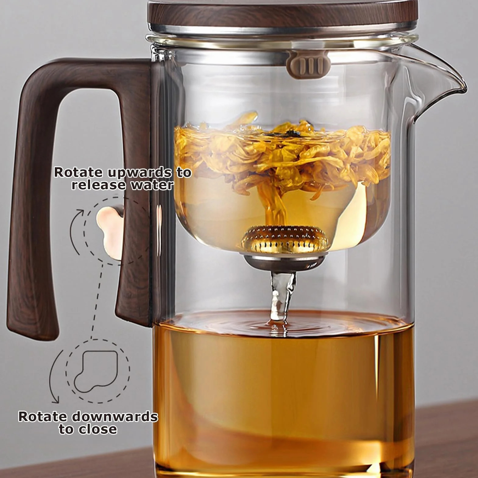 Szklany dzbanek do herbaty z zaparzaczem 700 ml, szkło borokrzemowe, drewniany uchwyt, szary