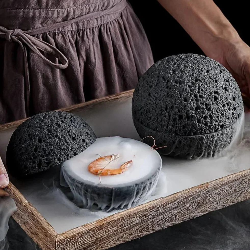 Japońska planeta kamień wulkaniczny artystyczne naczynie wahadło owoce sushi sashimi talerz na lód, 12 cm, łatwy w użyciu, czarny