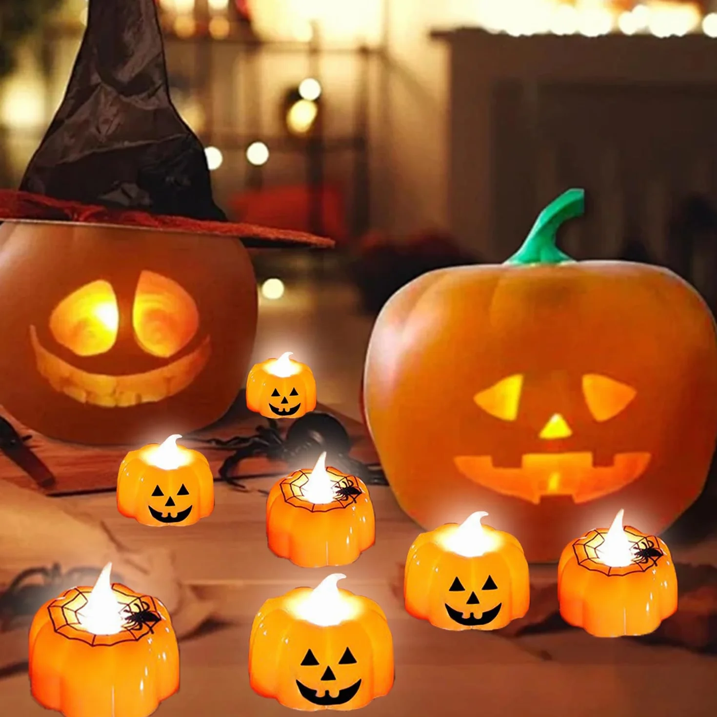 KEELYY 12 sztuk podgrzewaczy LED na Halloween, bez płomienia, w kształcie dyni, na baterie, dekoracja na Halloween, imprezę, na zewnątrz