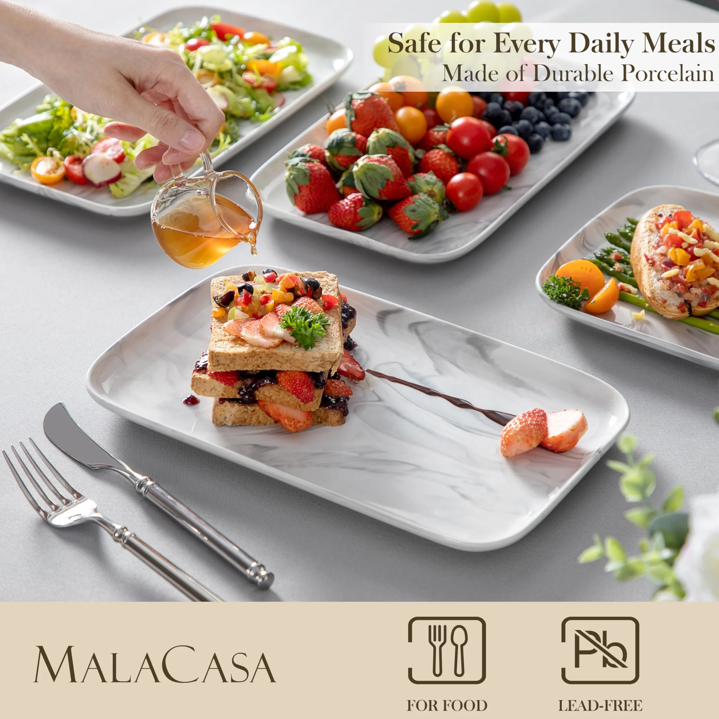 MALACASA Półmisek do serwowania, 4 sztuki porcelanowych naczyń do serwowania, prostokątna taca do serwowania imprez, marmurowe szare talerze do serwowania jedzenia, sushi, przystawek, deserów, obiadów