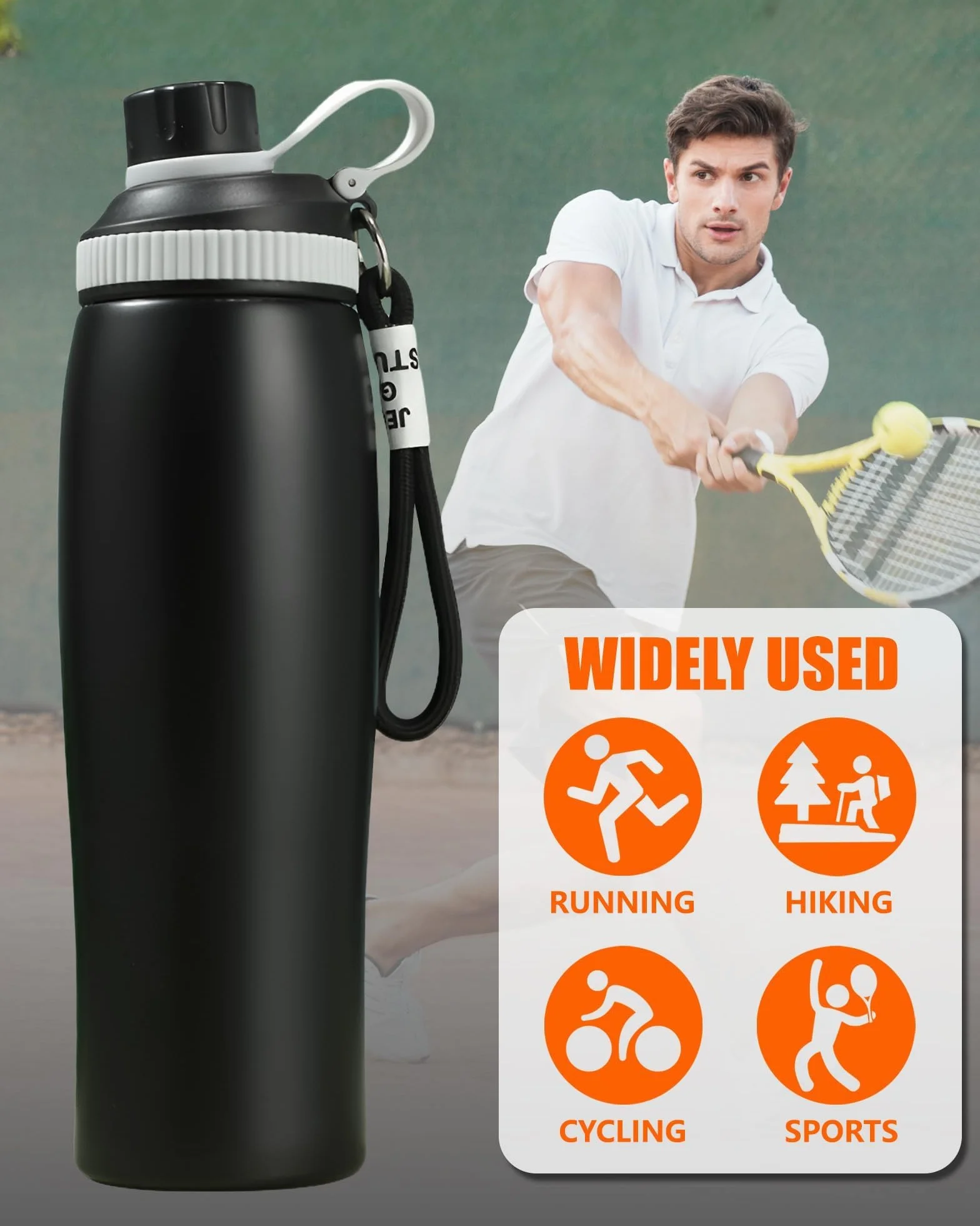 Butelka Termiczna ze Stali Nierdzewnej 600 ml, Sportowa z Pętlą, Podwójna Izolacja, Czarny